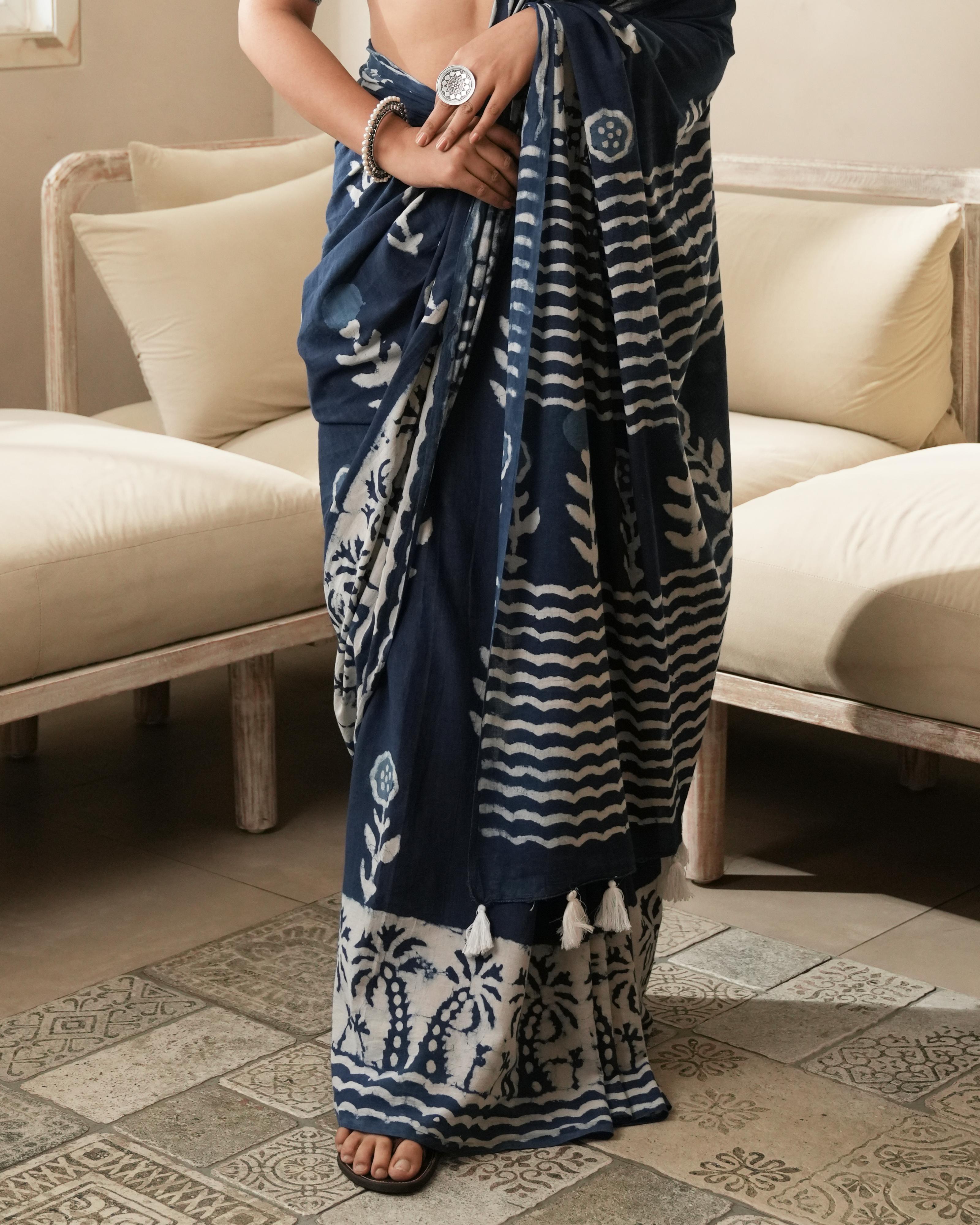 Indigo Parecha Border Dabu Print Mul Saree