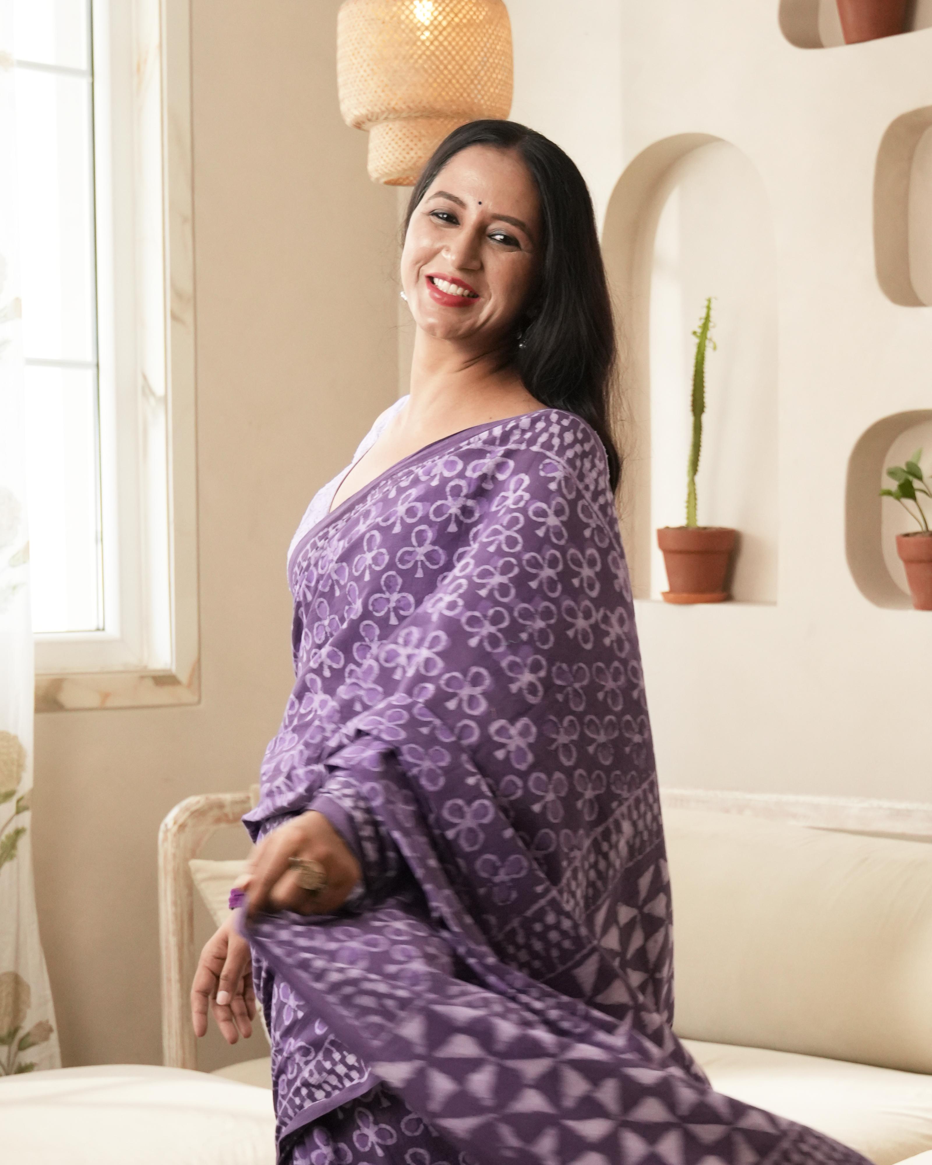 Rustic Purple Dabu Butti Print Mul Saree