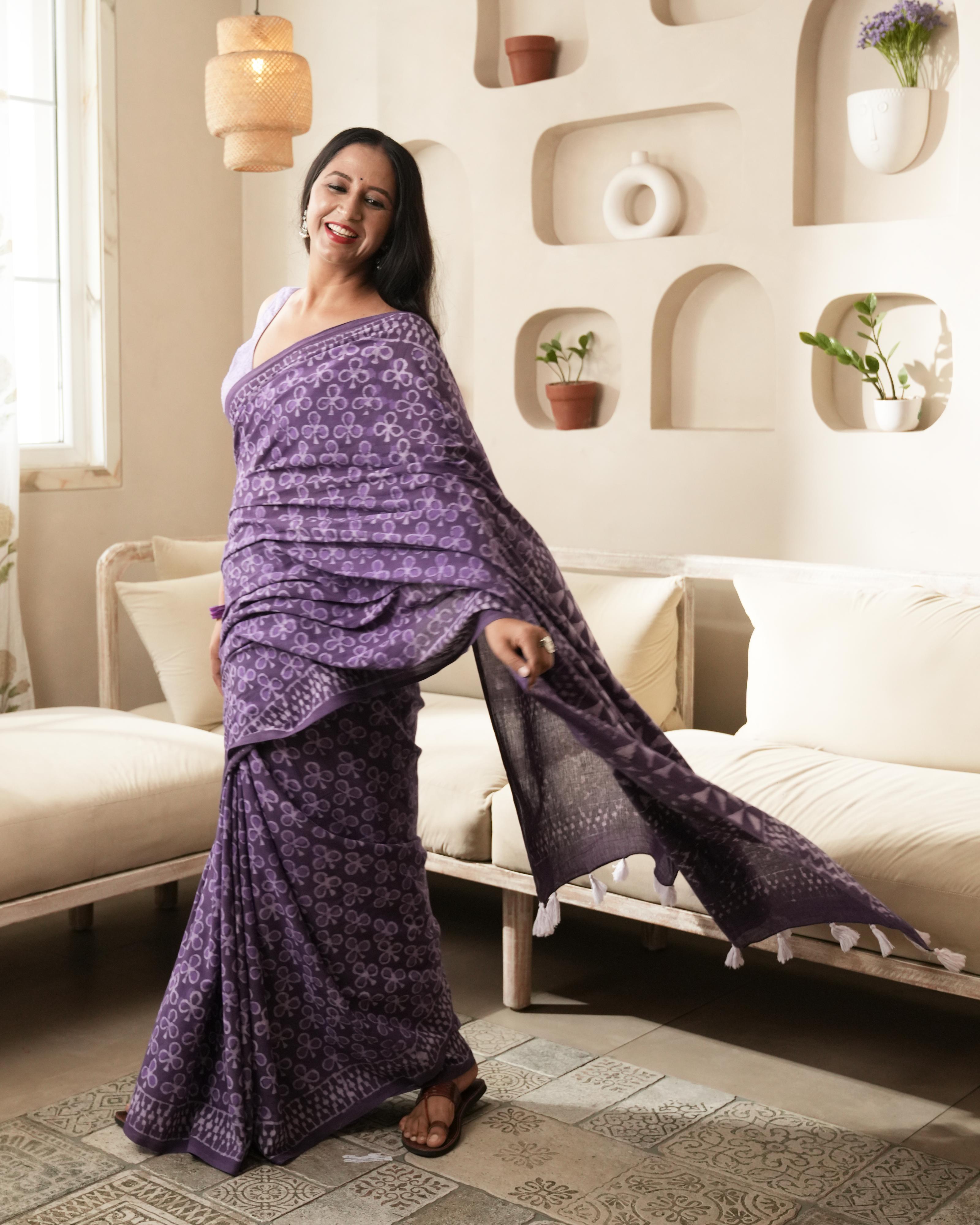 Rustic Purple Dabu Butti Print Mul Saree