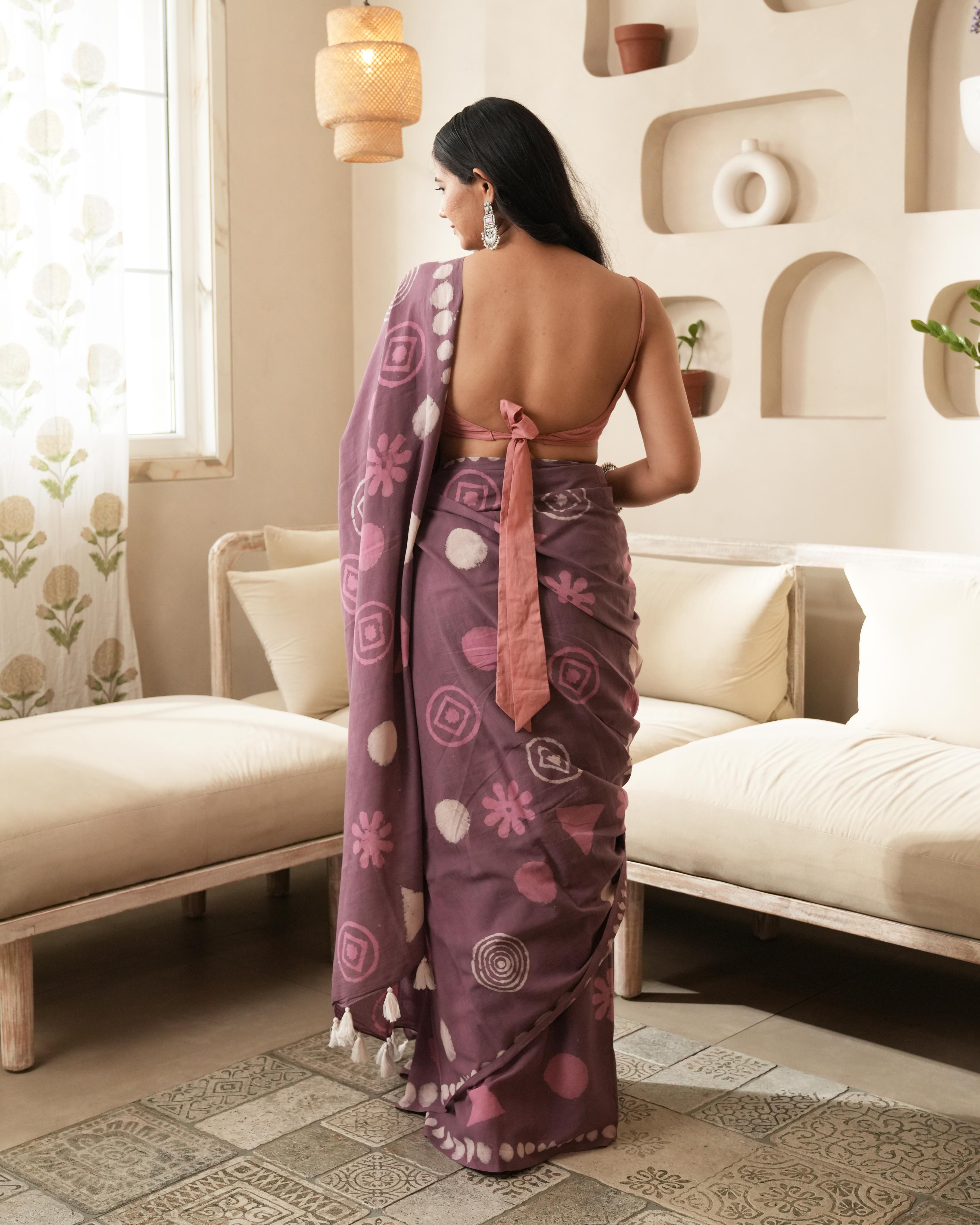 Rustic Pink Multi Motif Dabu Print Mul Saree