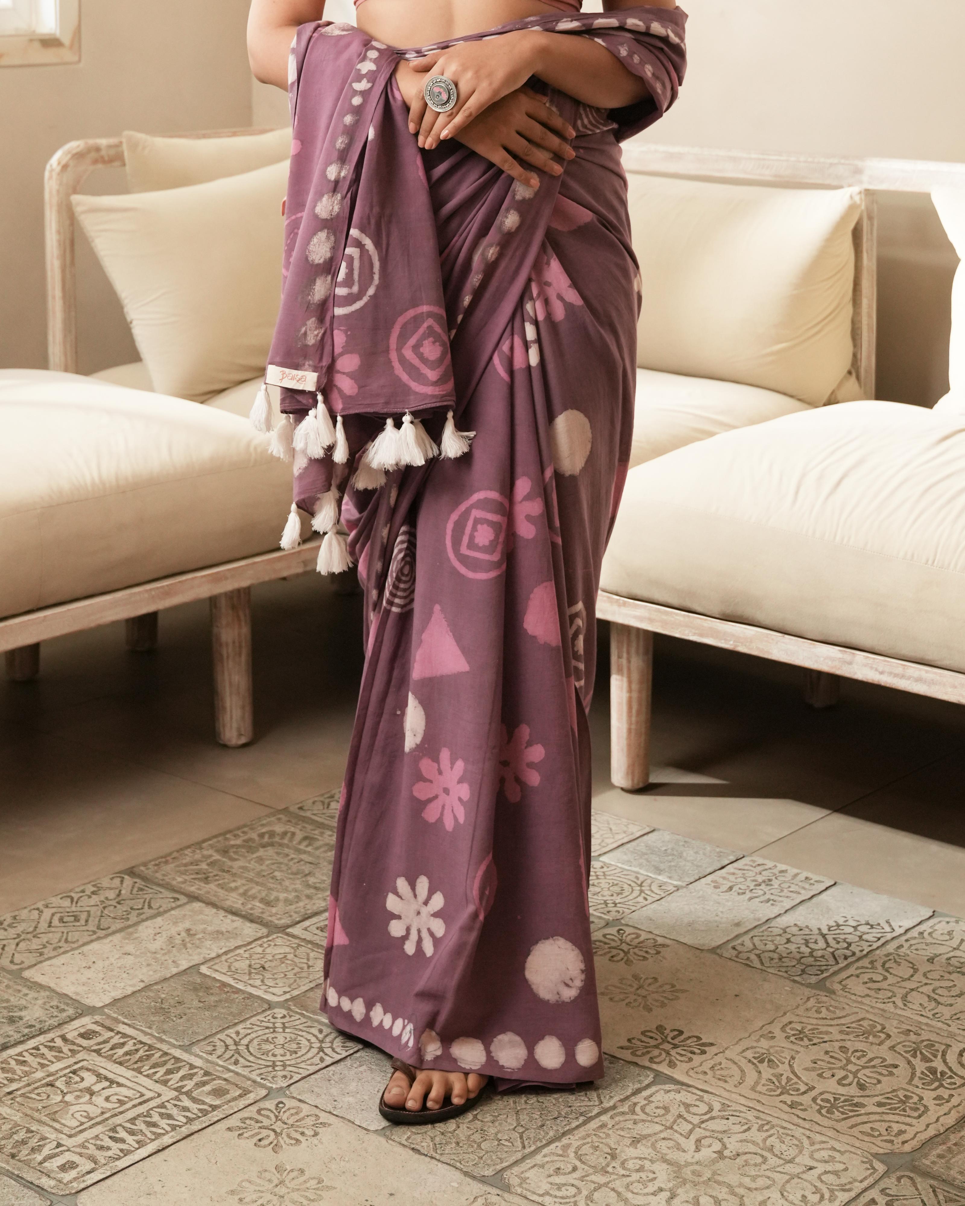 Rustic Pink Multi Motif Dabu Print Mul Saree