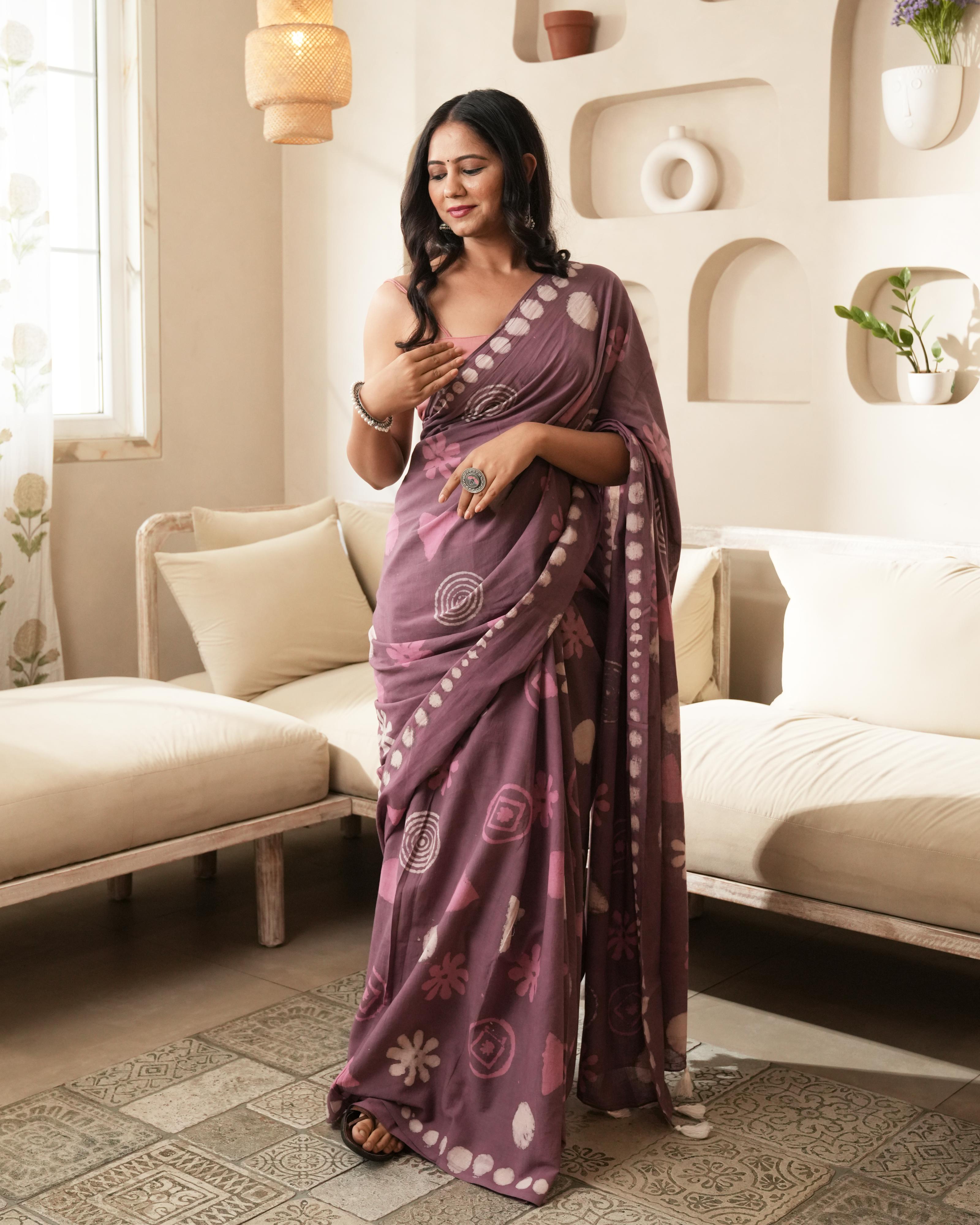 Rustic Pink Multi Motif Dabu Print Mul Saree