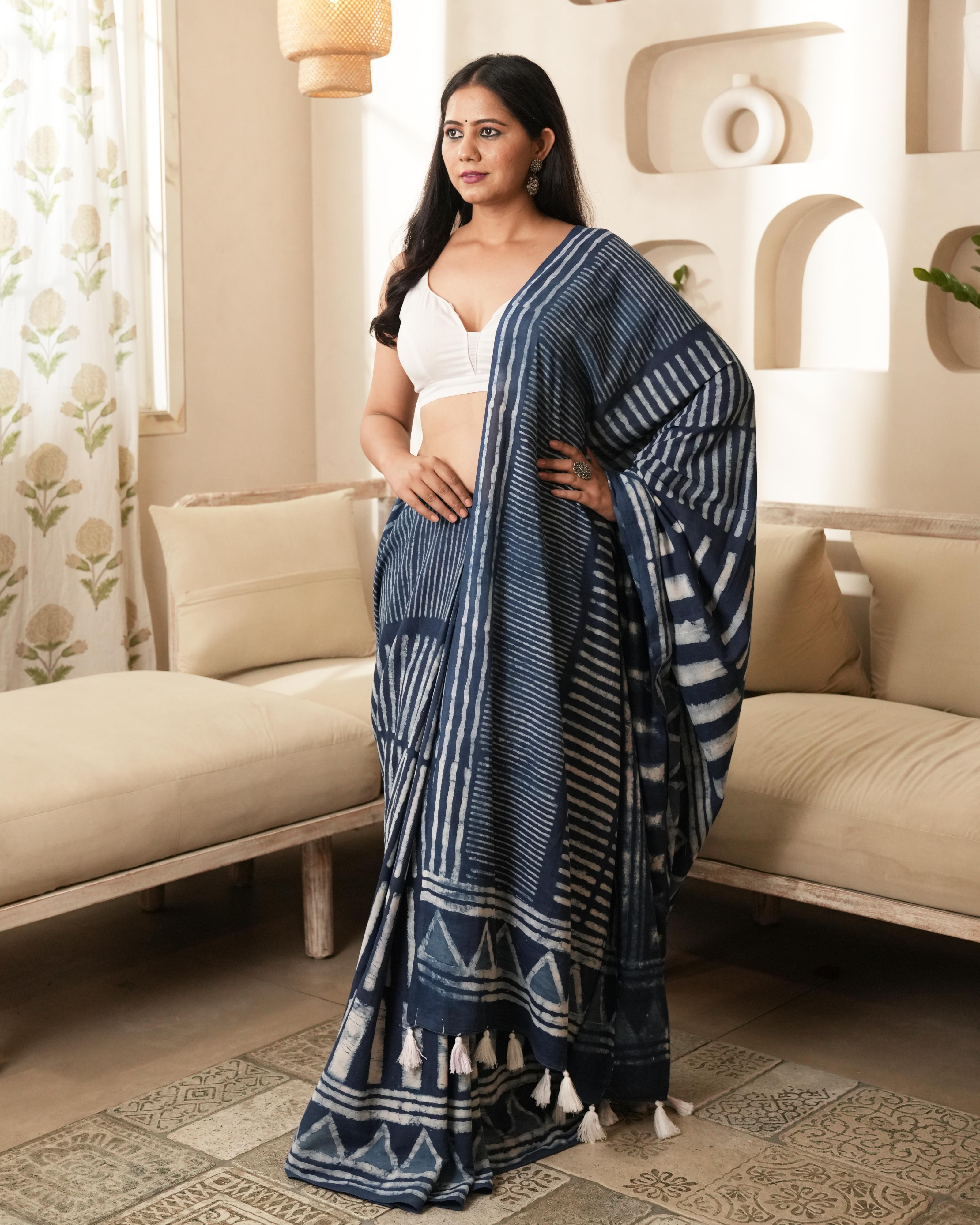 Indigo Silli Dabu Print Mul Saree with Tassels