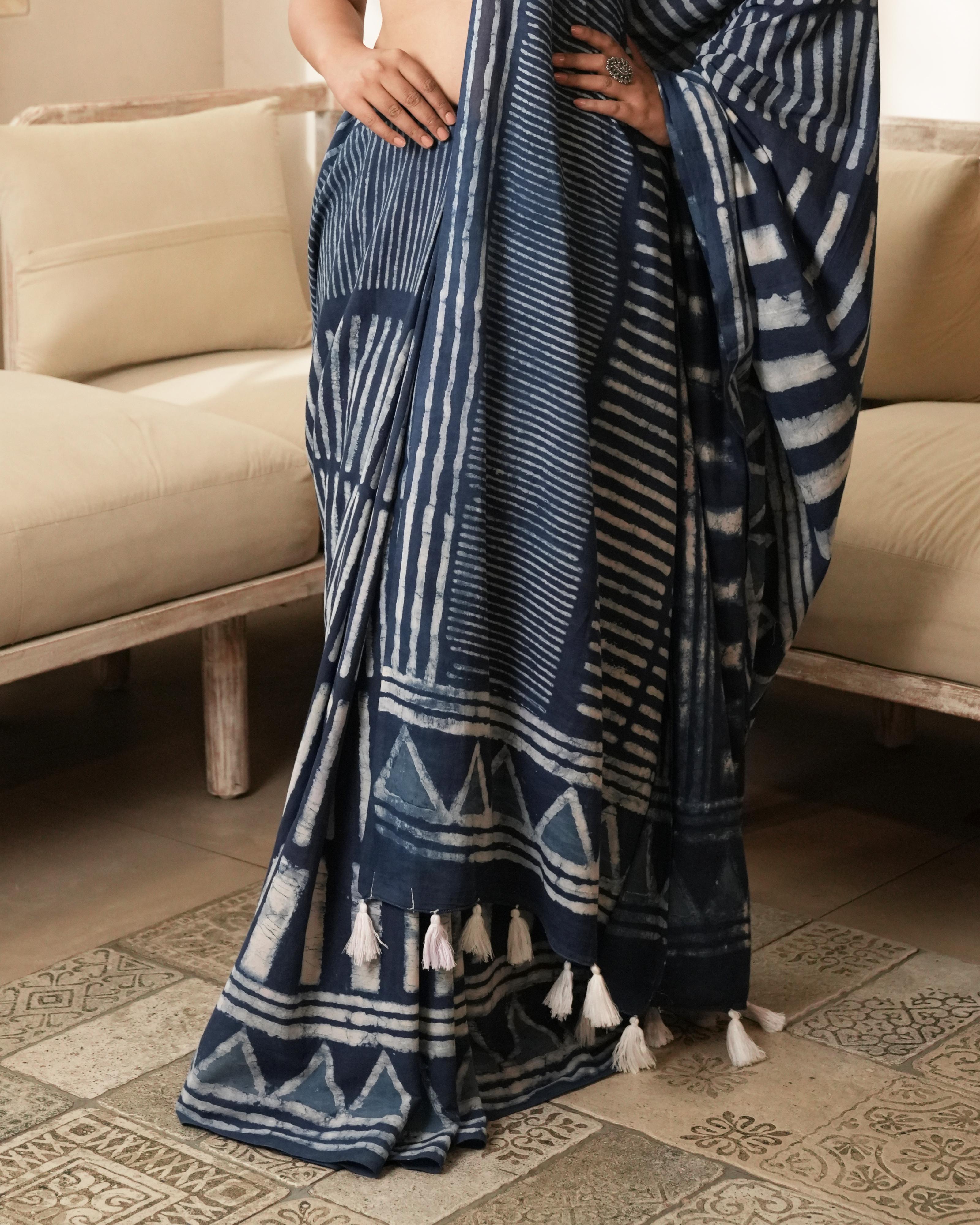 Indigo Silli Dabu Print Mul Saree with Tassels