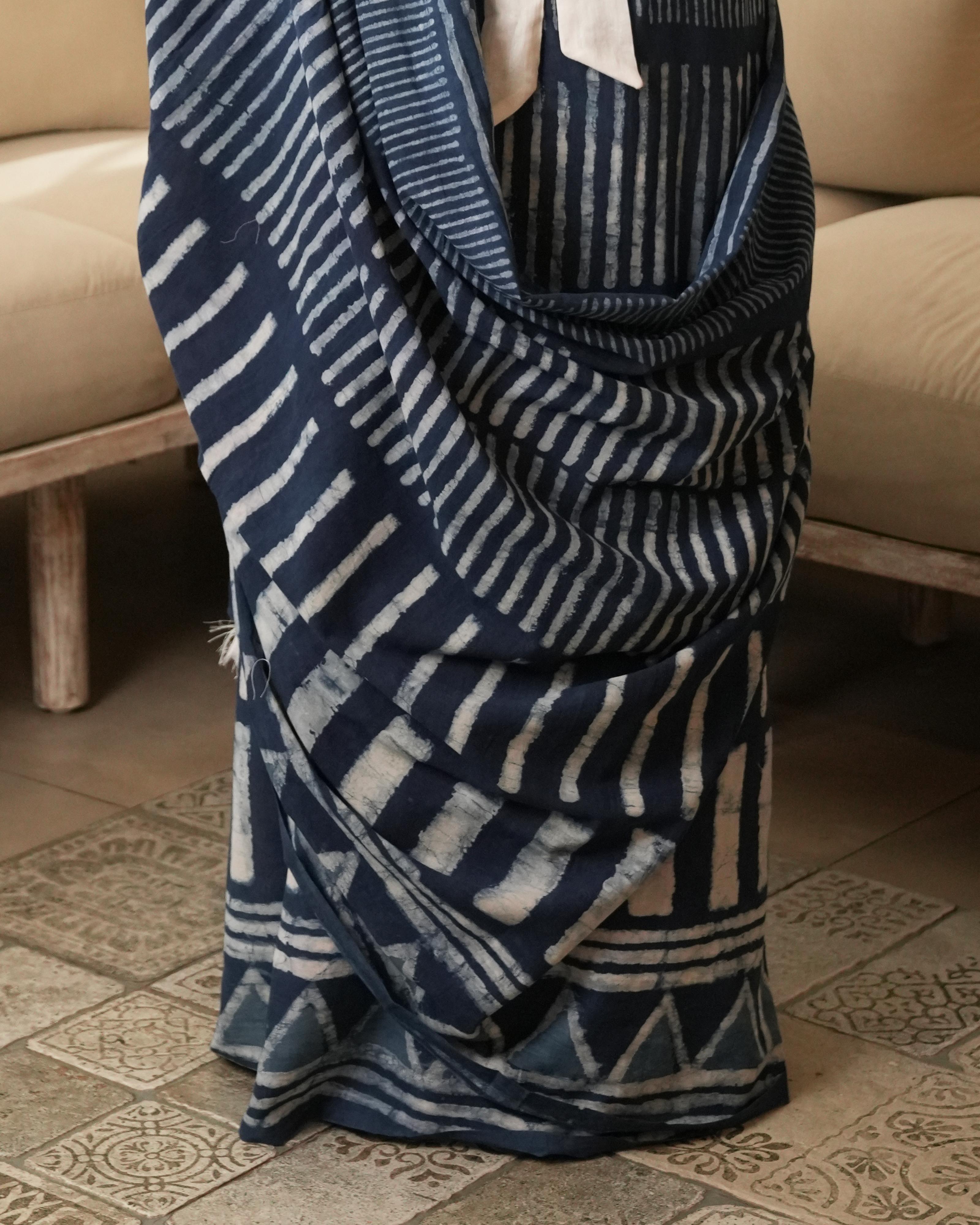 Indigo Silli Dabu Print Mul Saree with Tassels