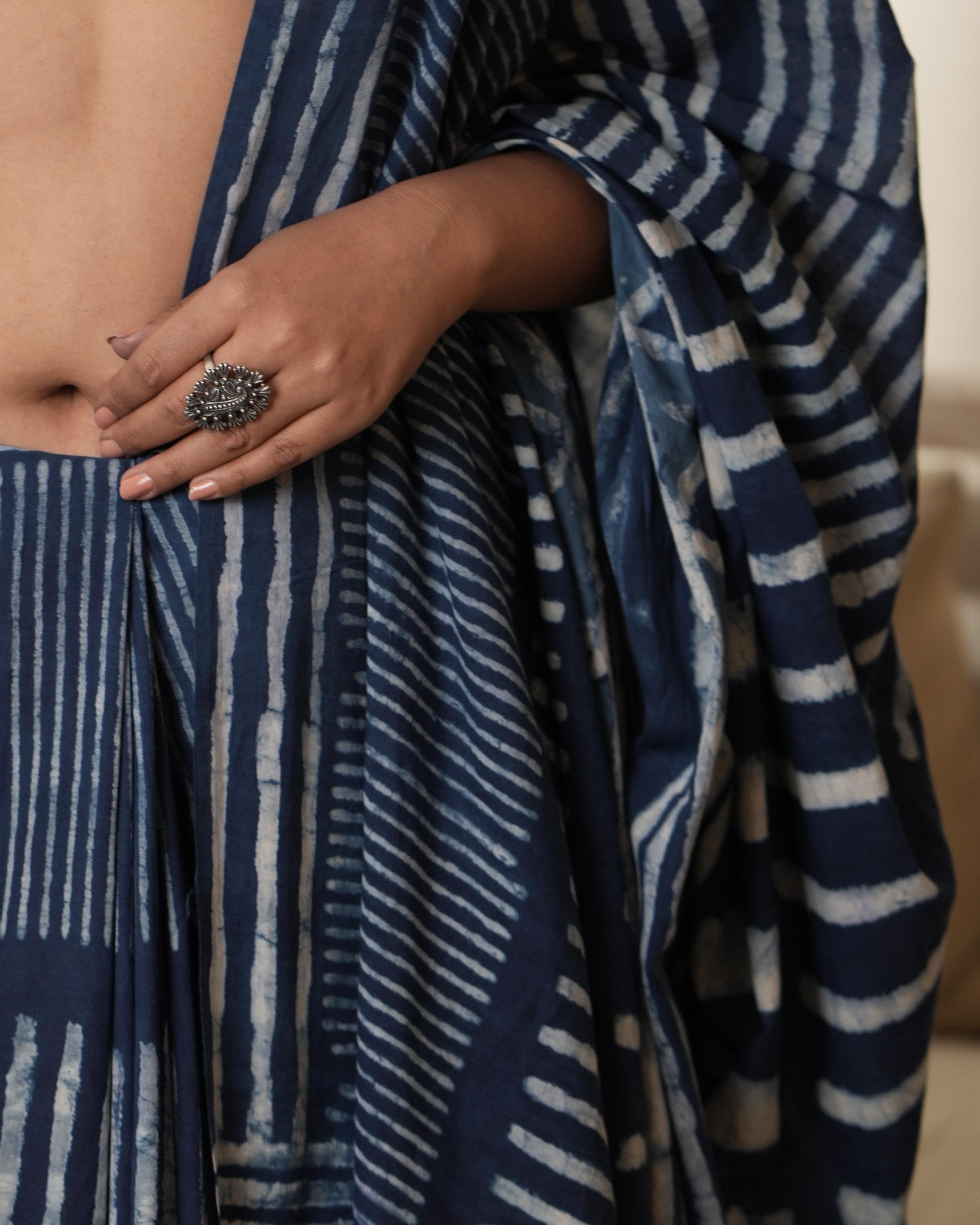 Indigo Silli Dabu Print Mul Saree with Tassels
