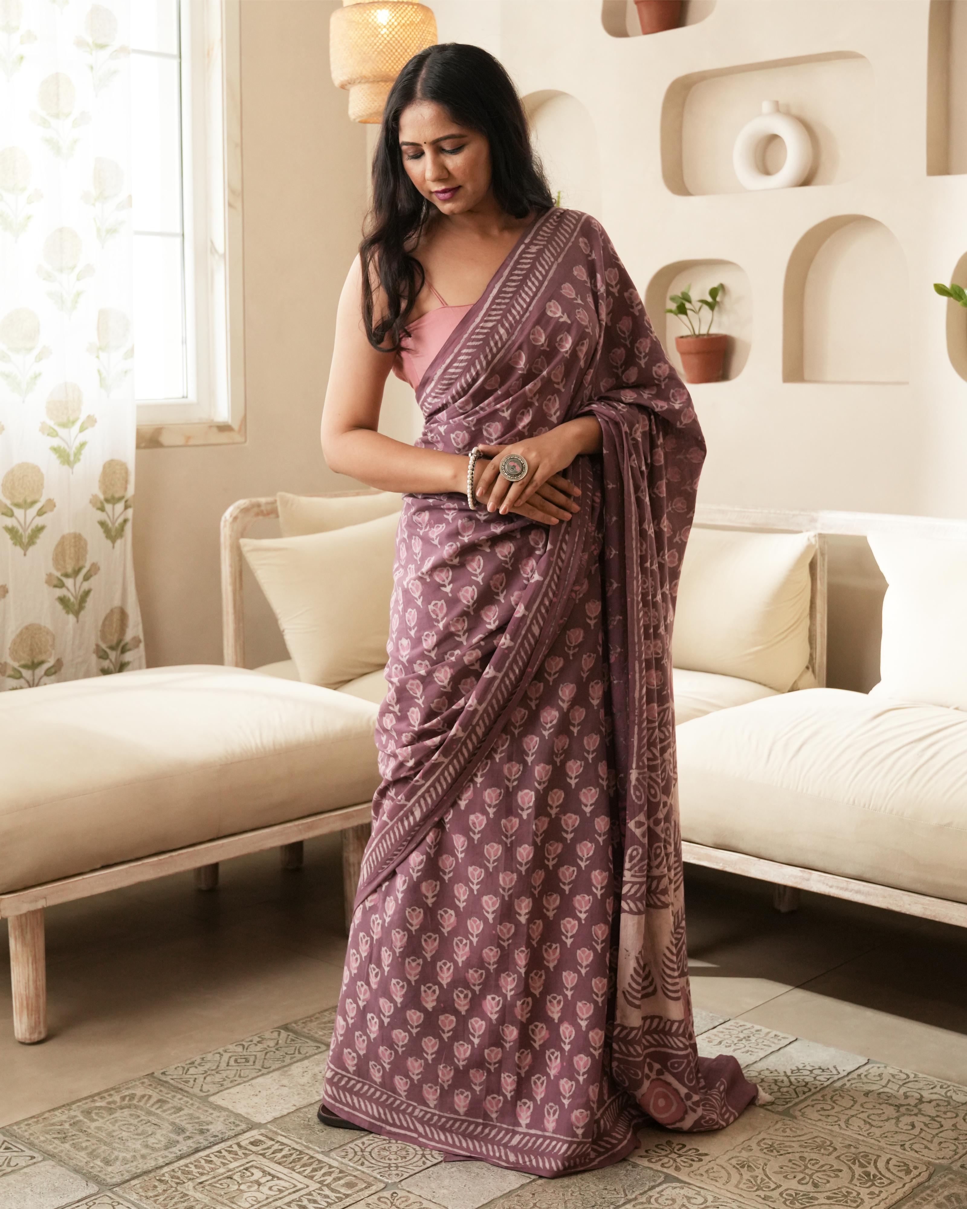 Rustic Pink Dabu Print Mul Saree