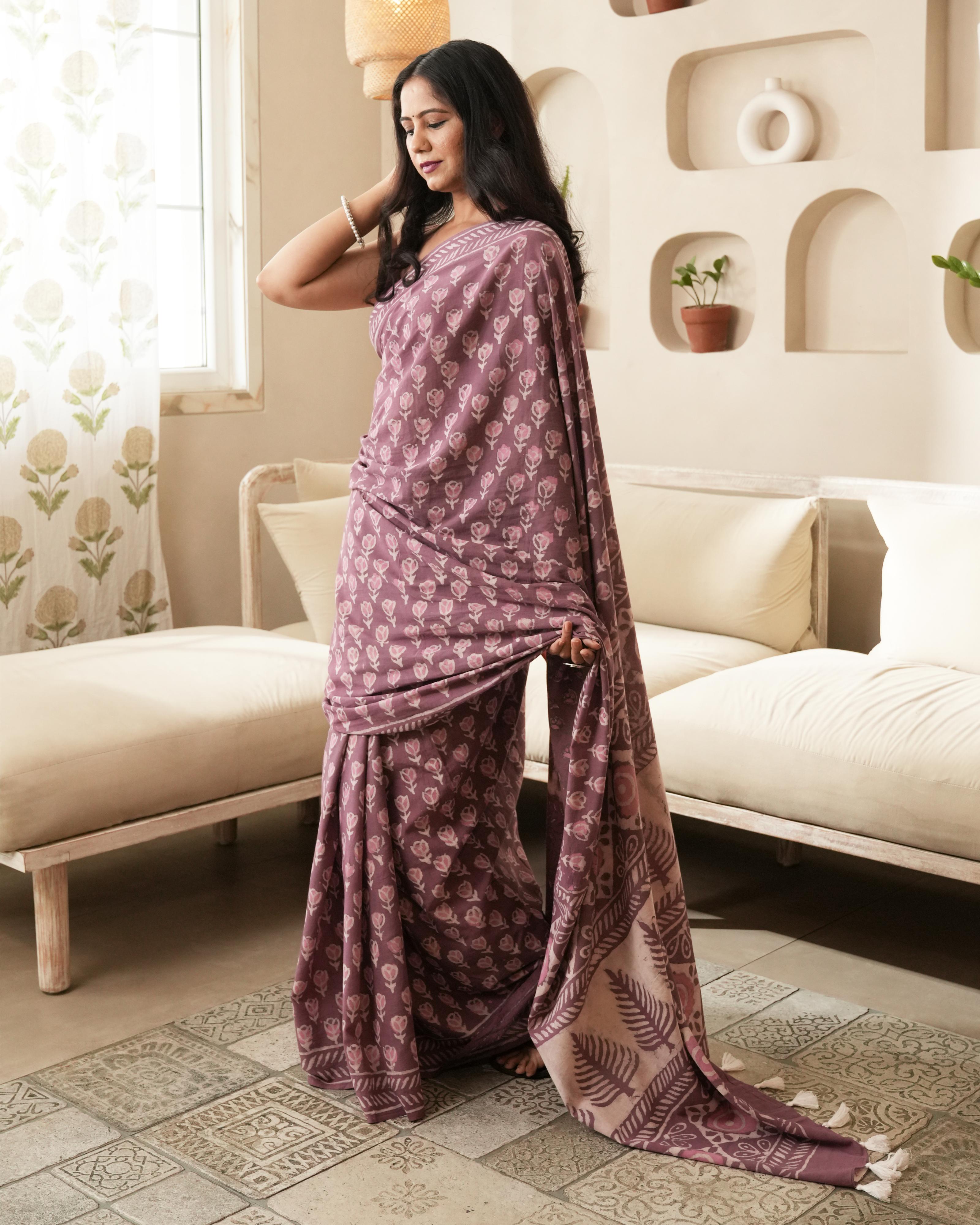 Rustic Pink Dabu Print Mul Saree