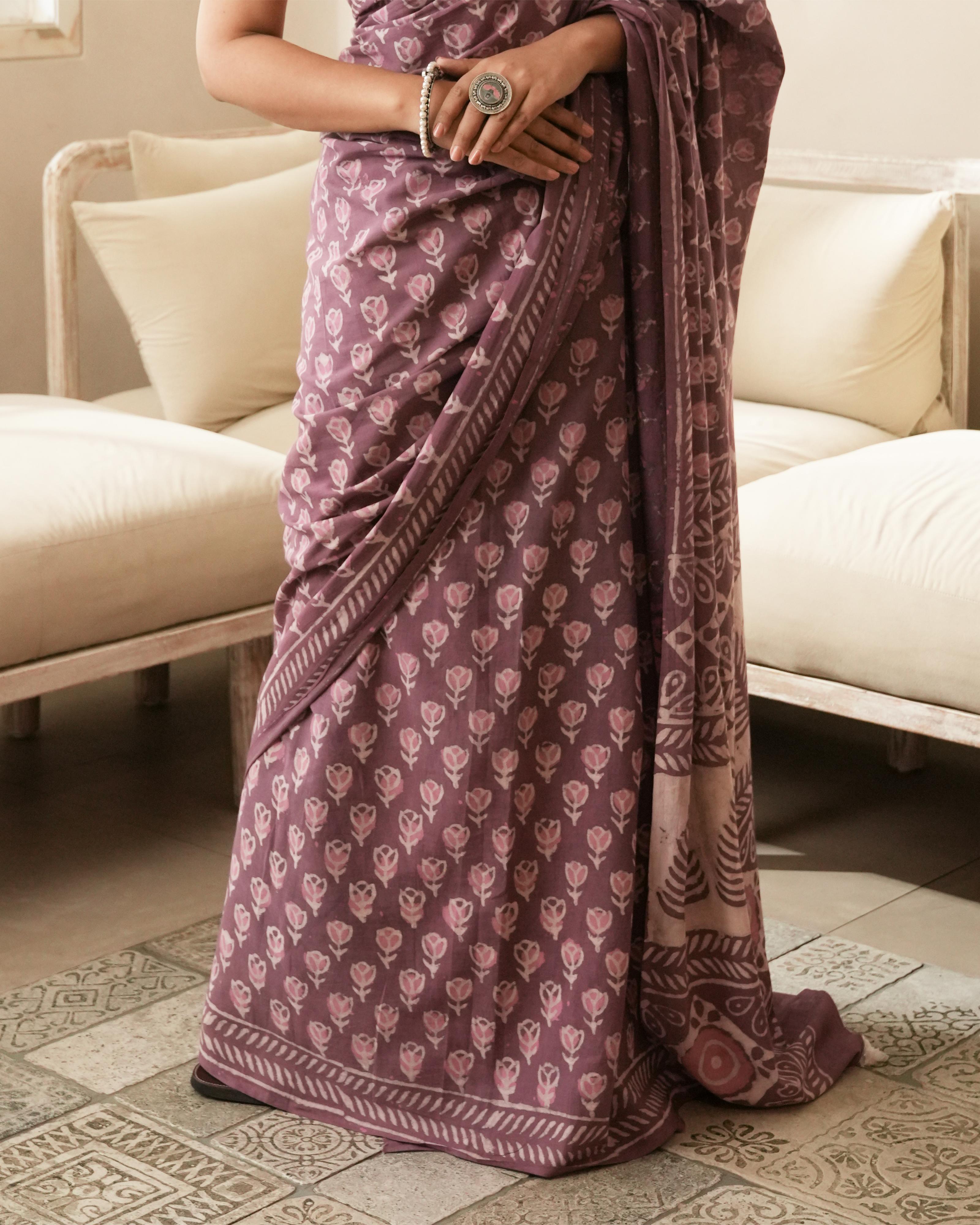 Rustic Pink Dabu Print Mul Saree
