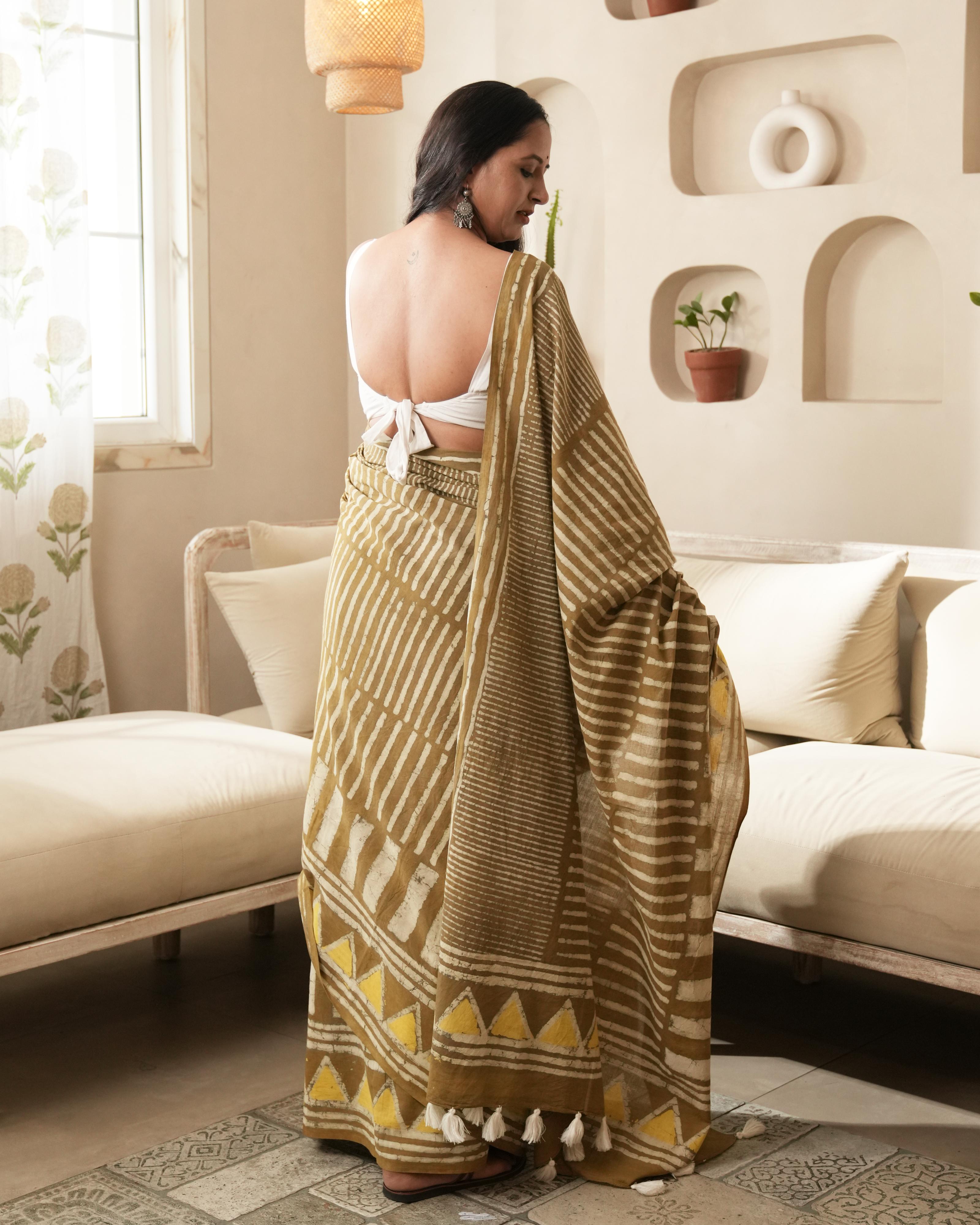 Mustard Silli Dabu Print Mul Saree