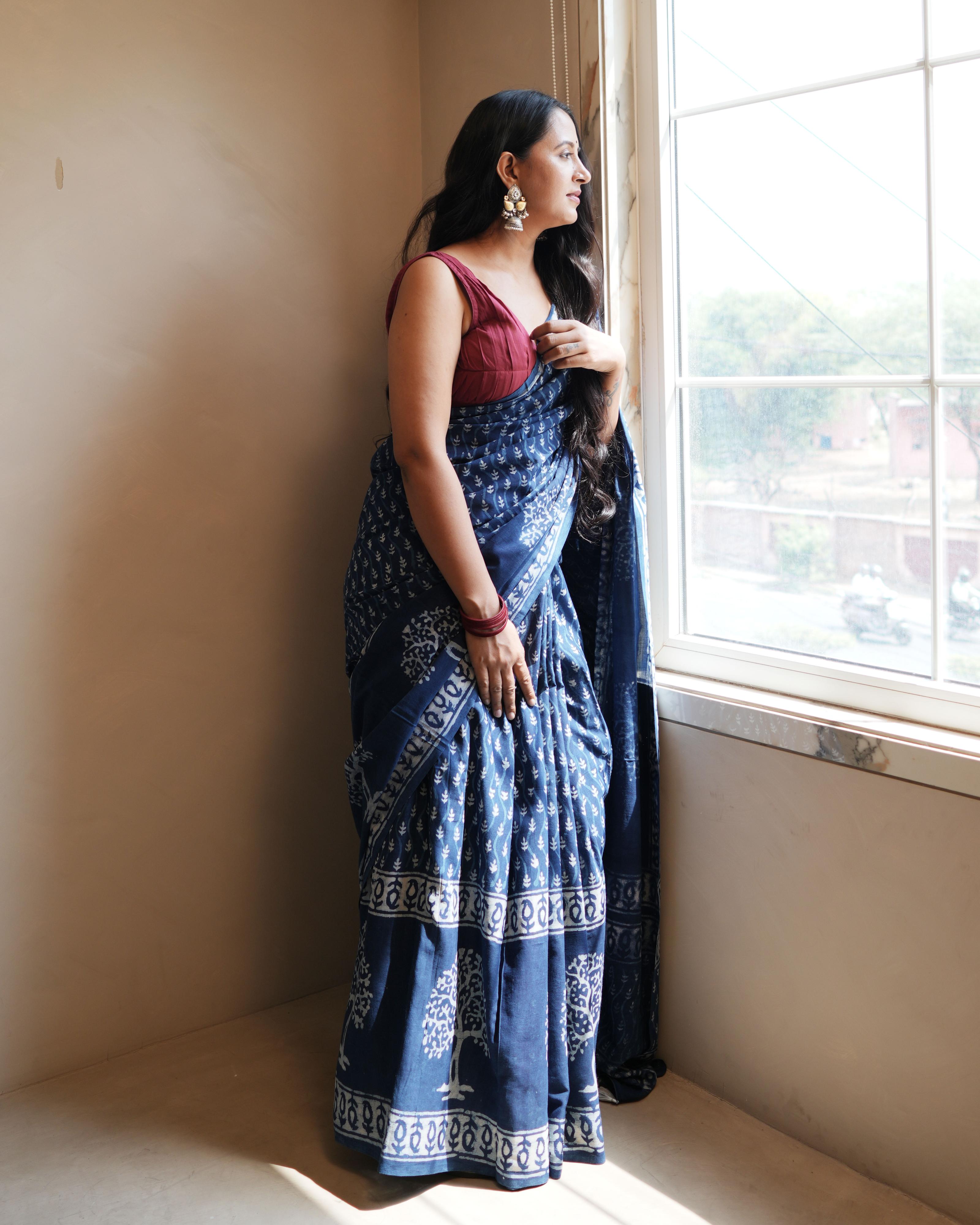 Indigo Butti Dabu Print Mul Saree with Tassels