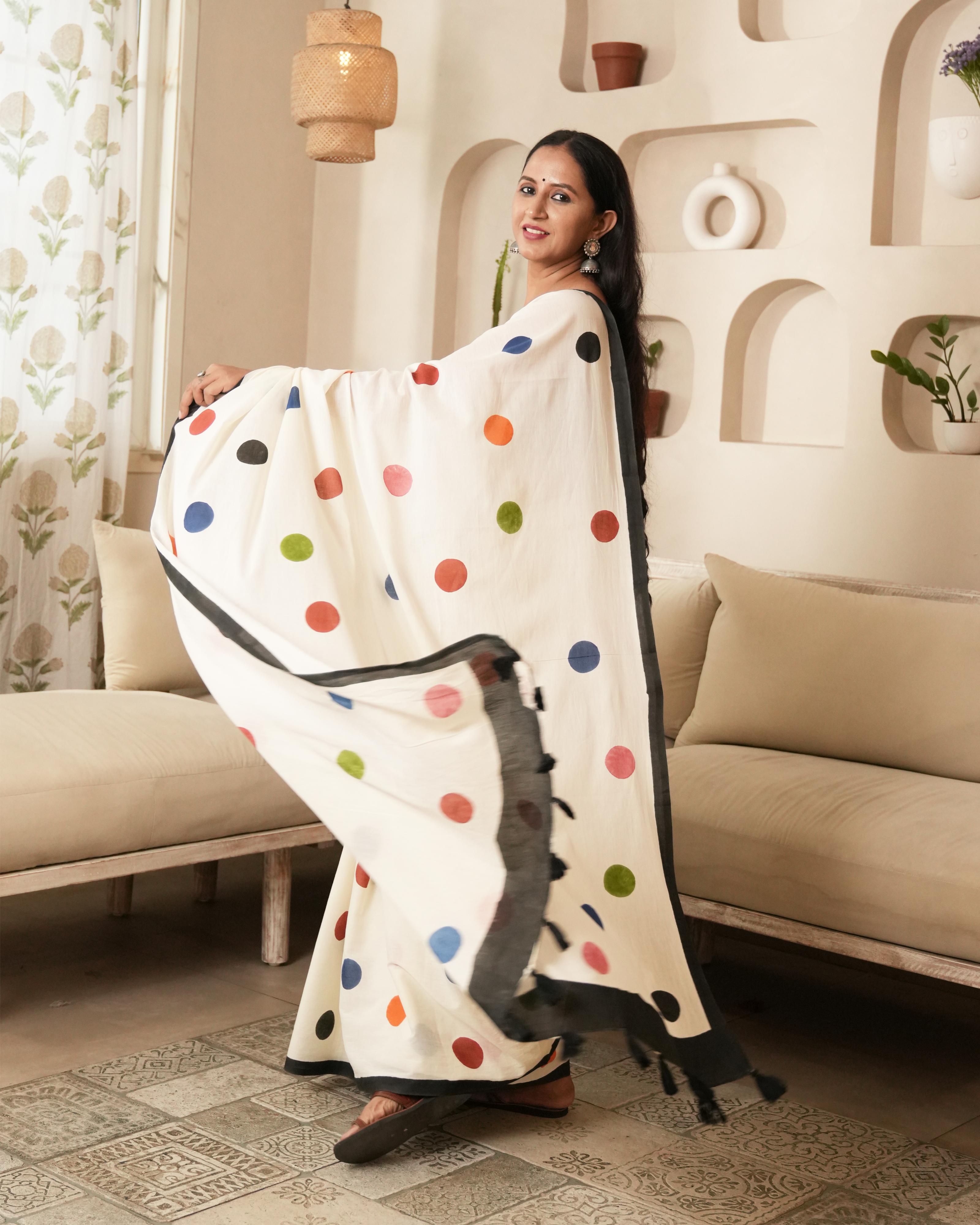 Beige Polka Dot Printed Mul Saree with Tassels