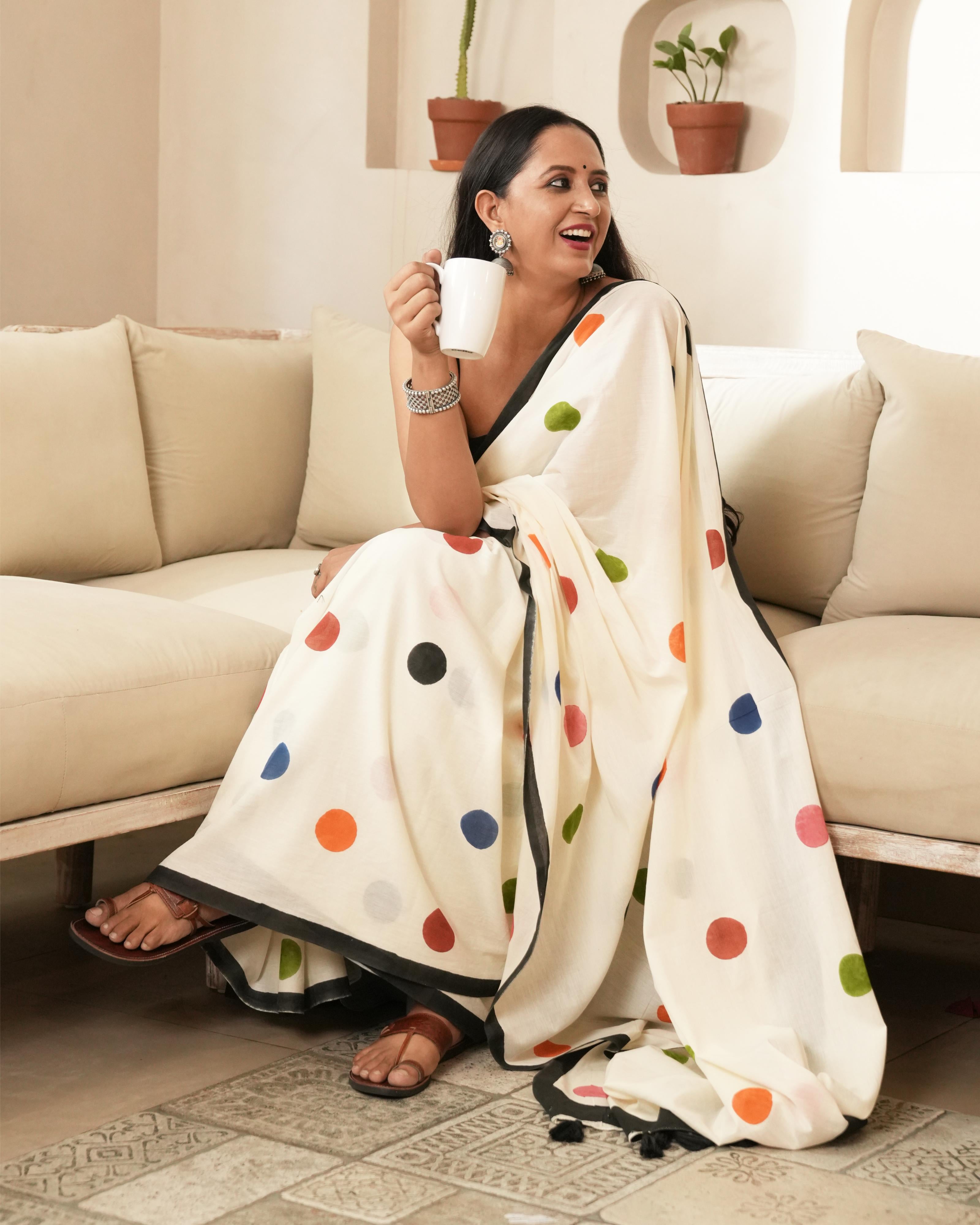 Beige Polka Dot Printed Mul Saree with Tassels