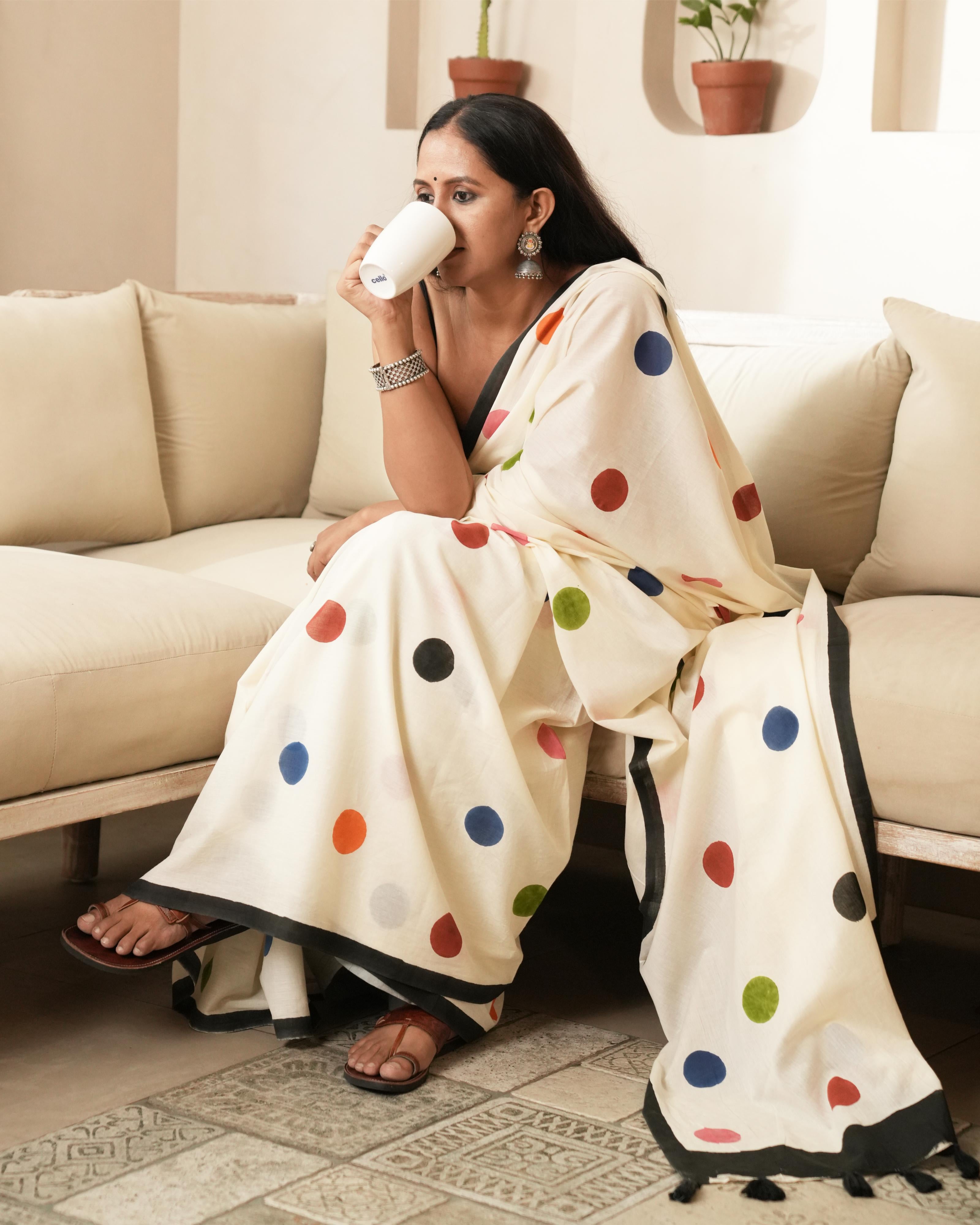 Beige Polka Dot Printed Mul Saree with Tassels