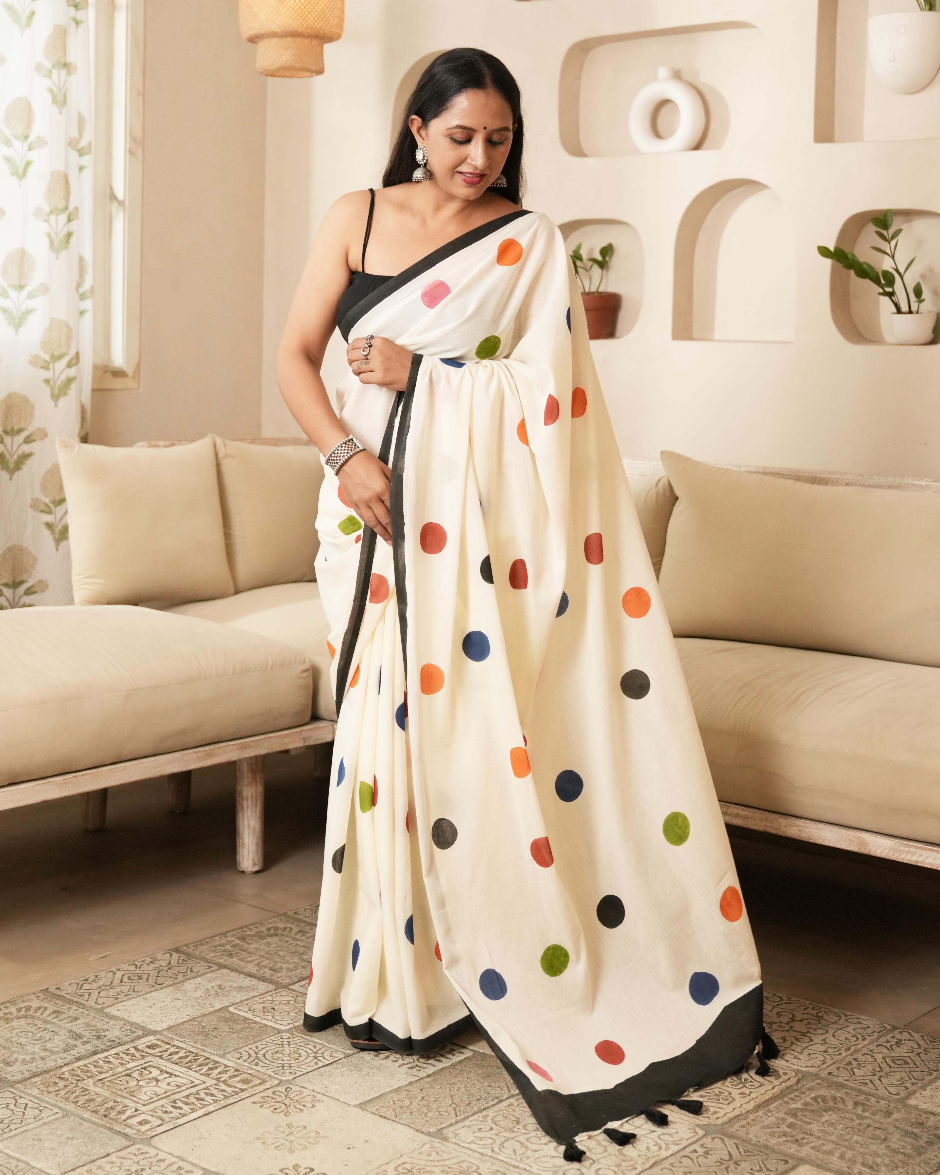 Beige Polka Dot Printed Mul Saree with Tassels