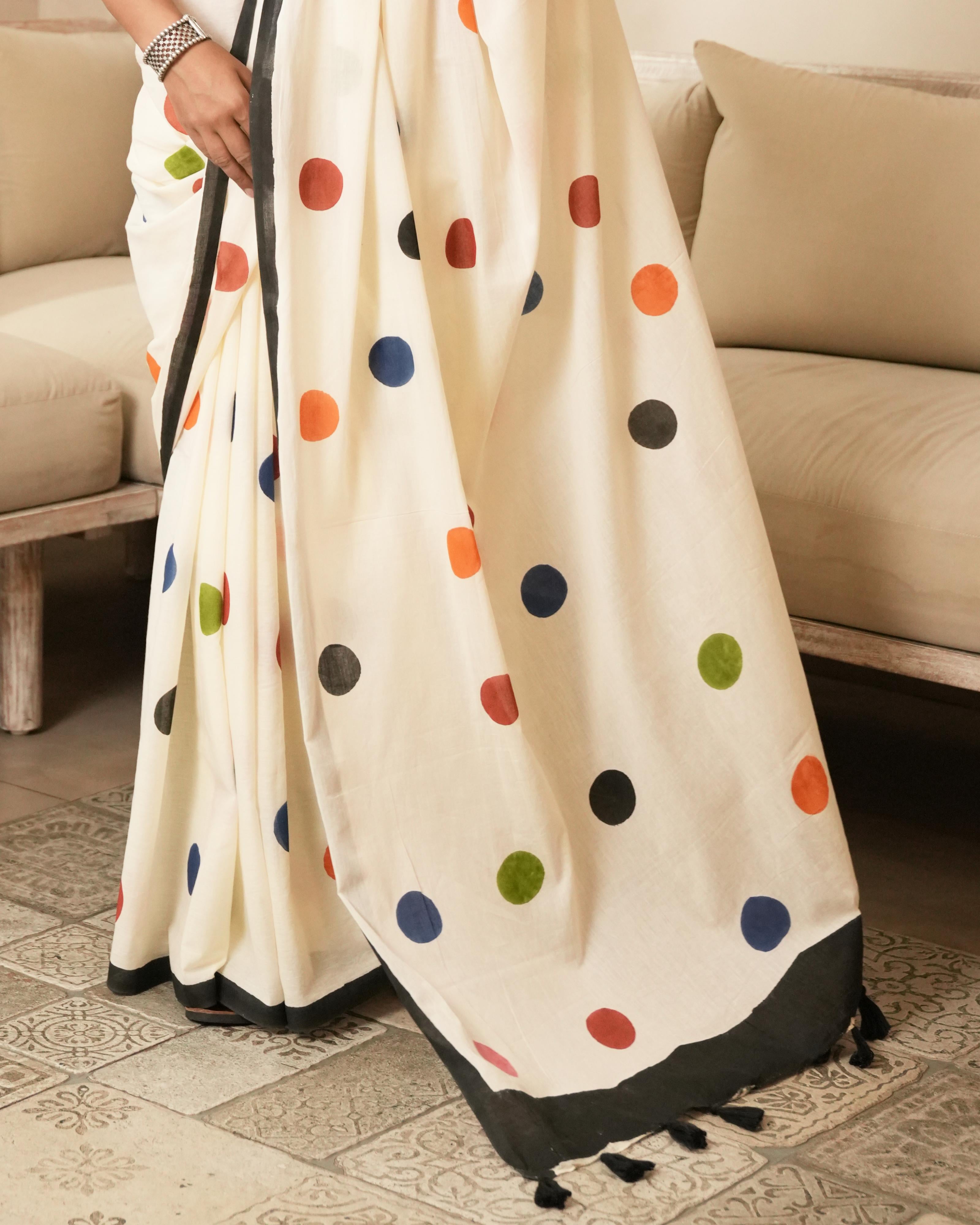 Beige Polka Dot Printed Mul Saree with Tassels