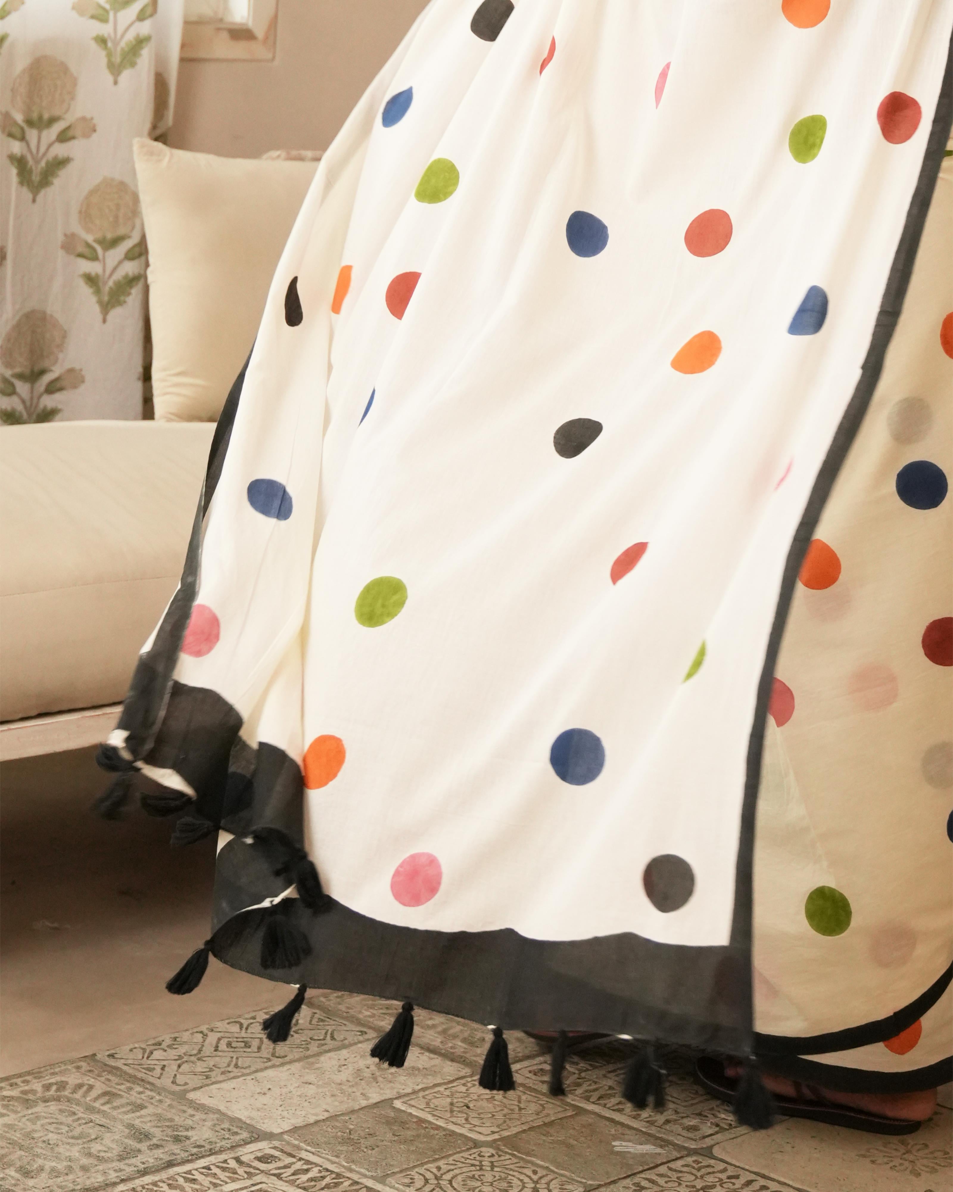 Beige Polka Dot Printed Mul Saree with Tassels