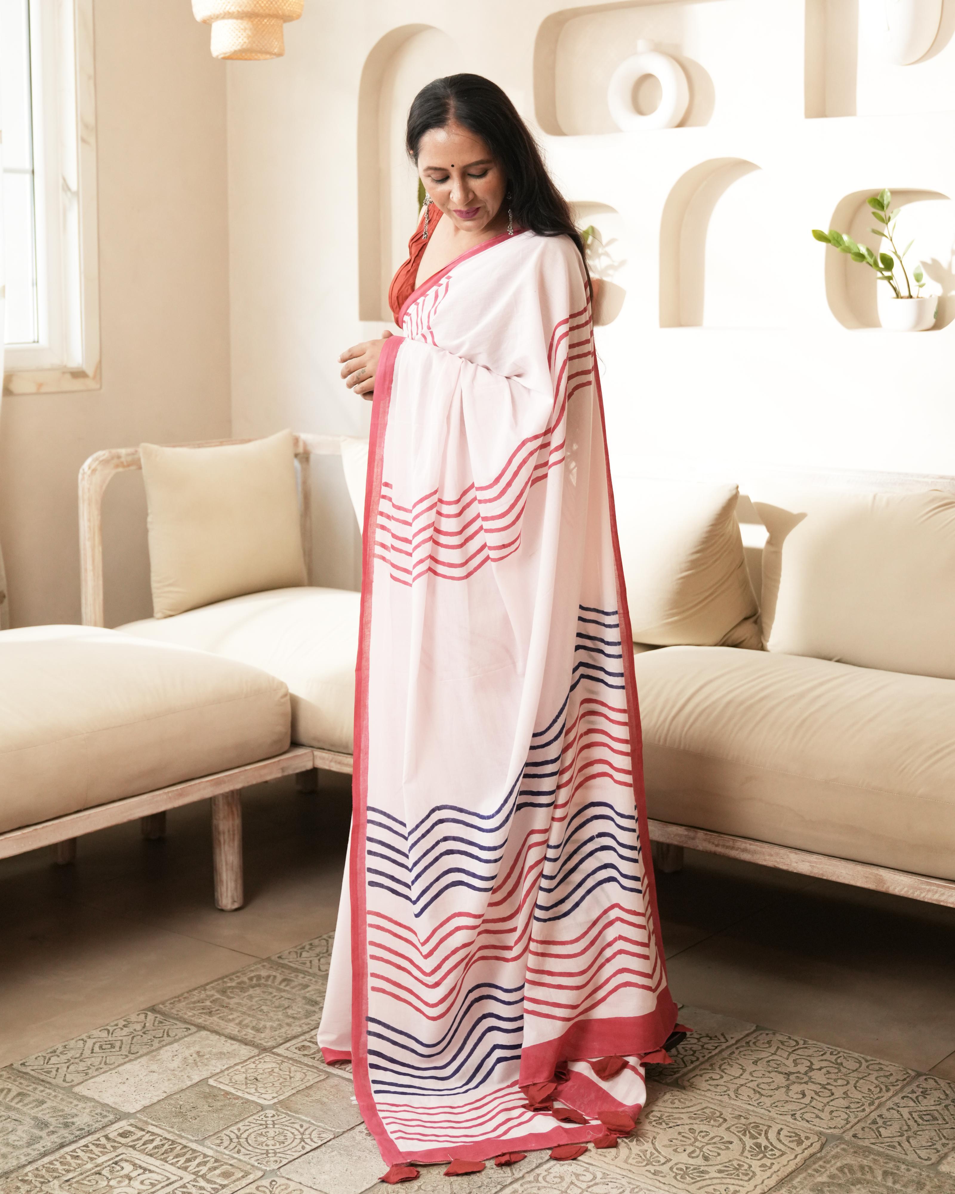 Baby Pink Waves Hand Block Printed Mul Saree with Tassels