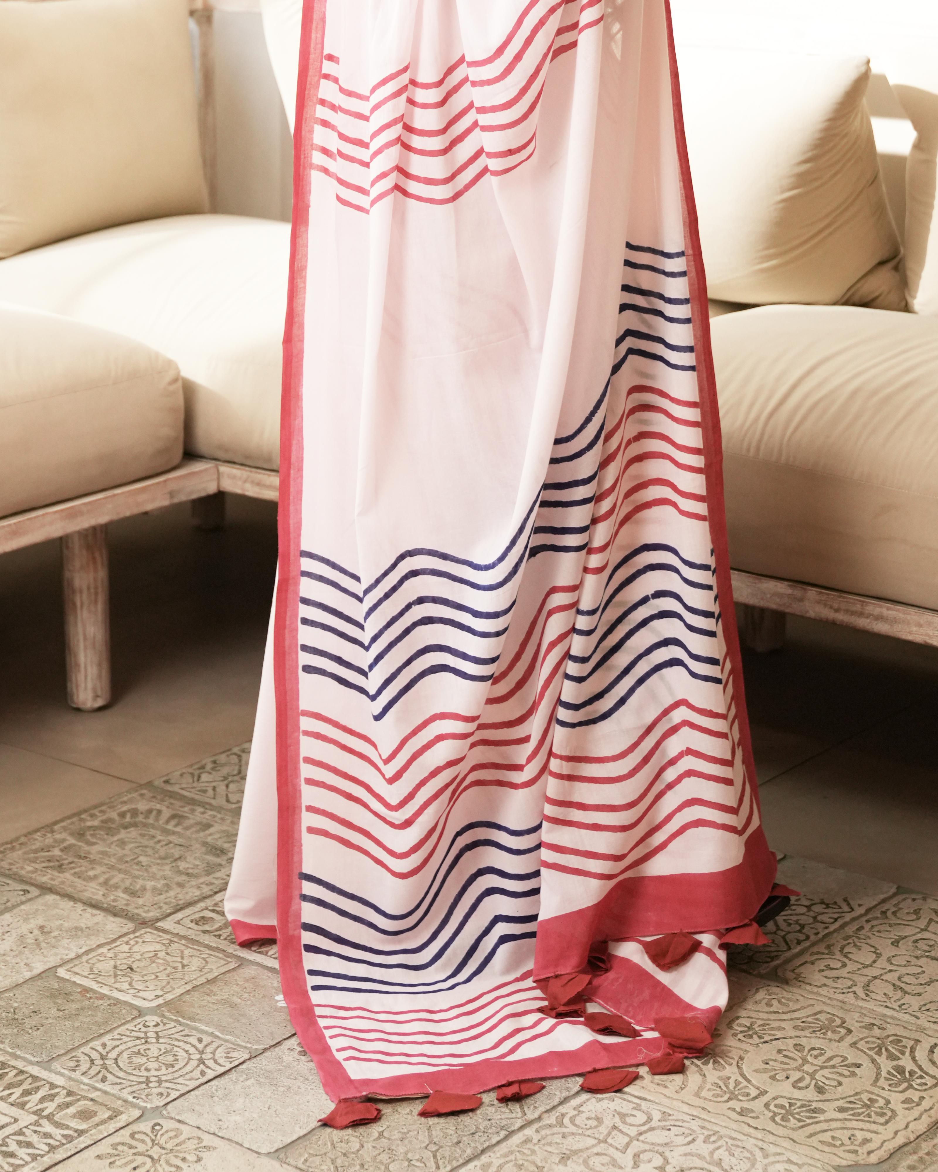 Baby Pink Waves Hand Block Printed Mul Saree with Tassels