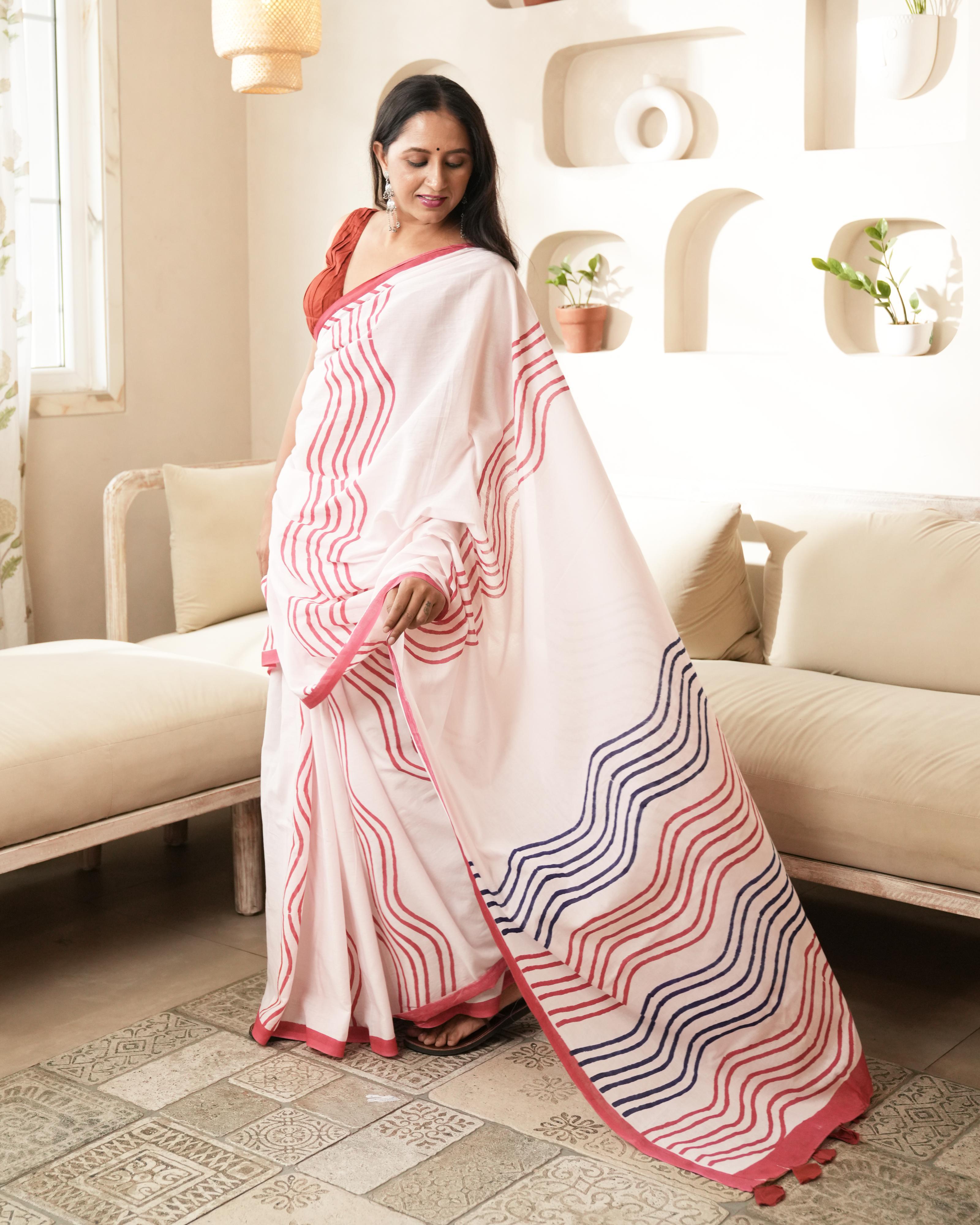 Baby Pink Waves Hand Block Printed Mul Saree with Tassels