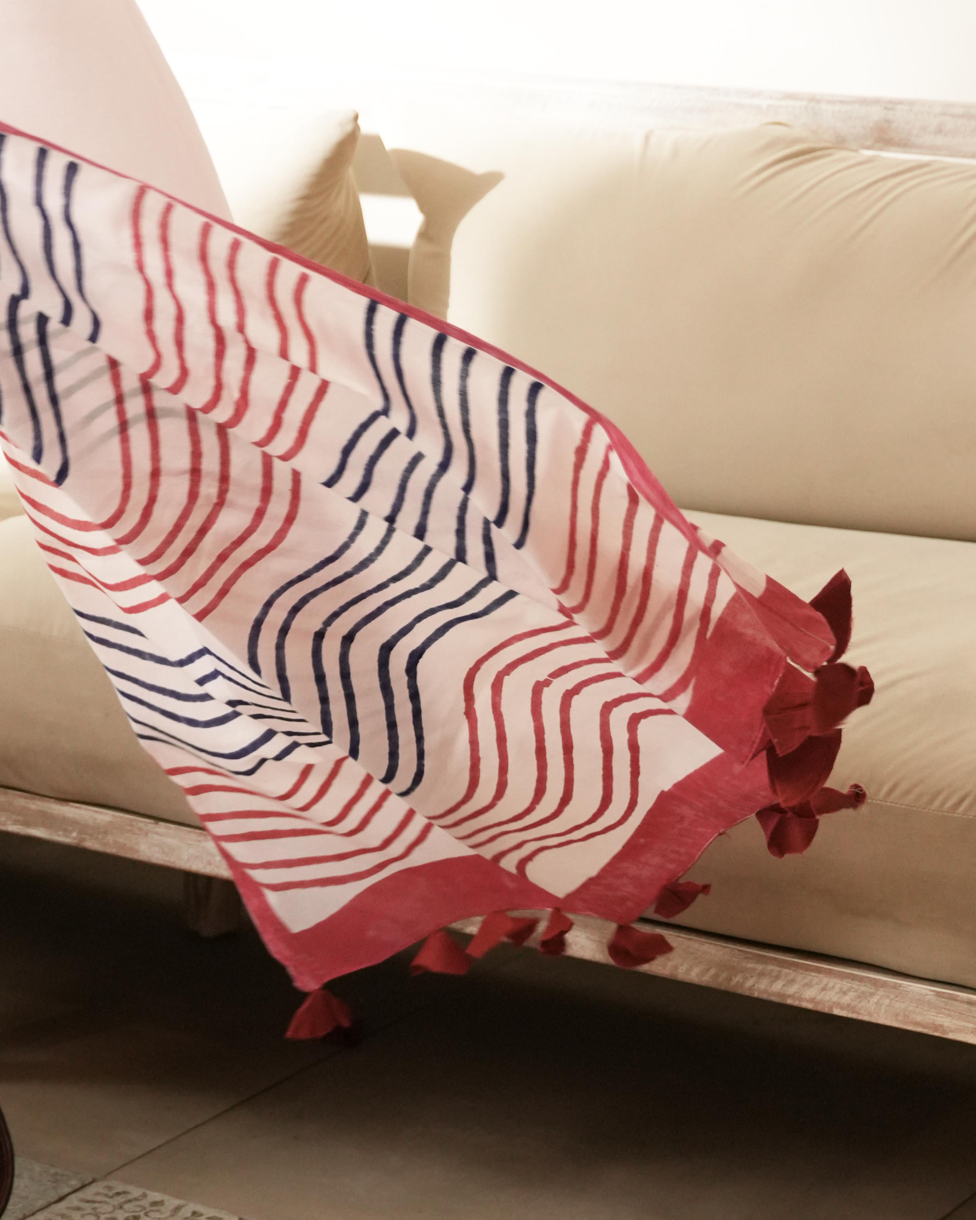 Baby Pink Waves Hand Block Printed Mul Saree with Tassels