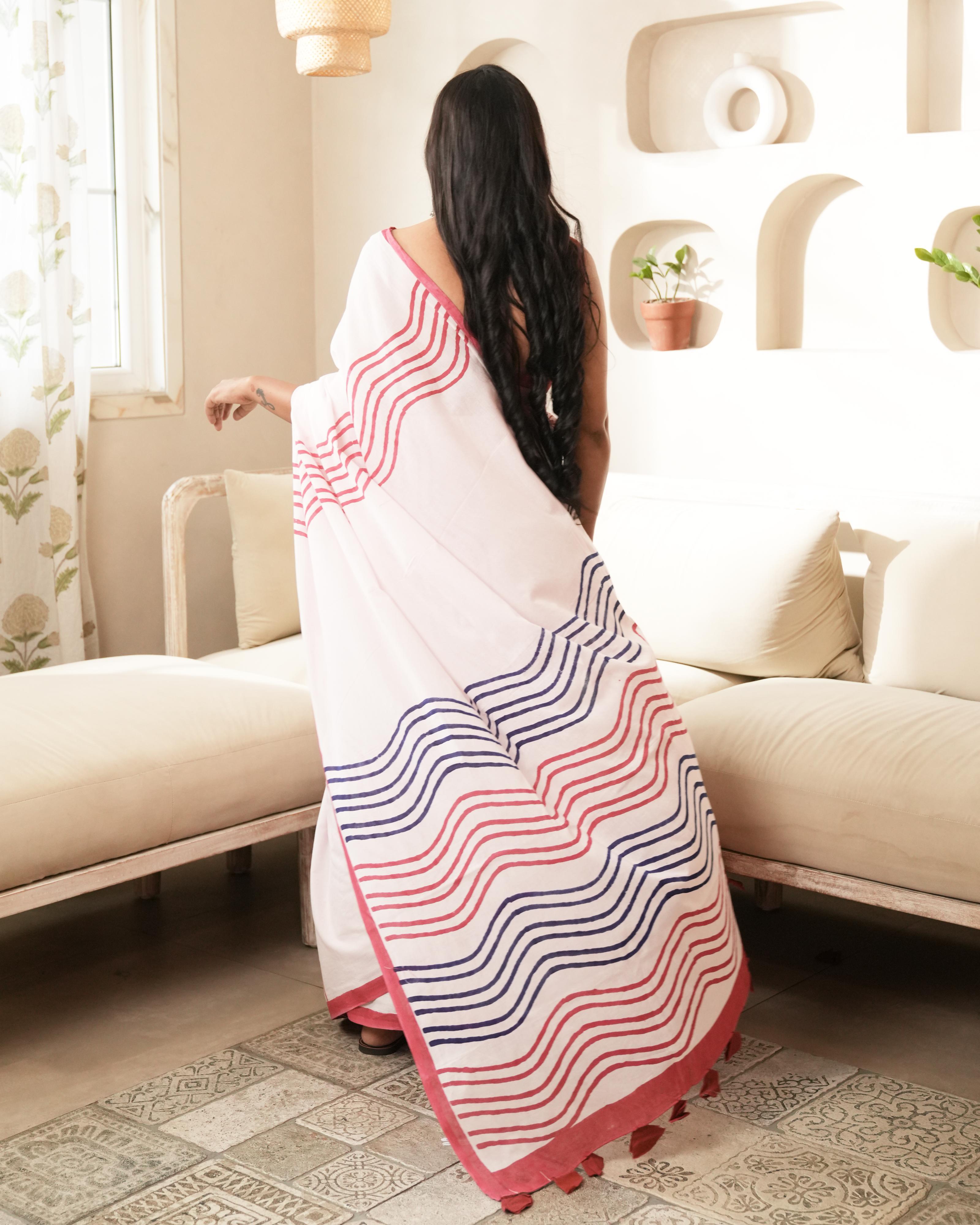 Baby Pink Waves Hand Block Printed Mul Saree with Tassels