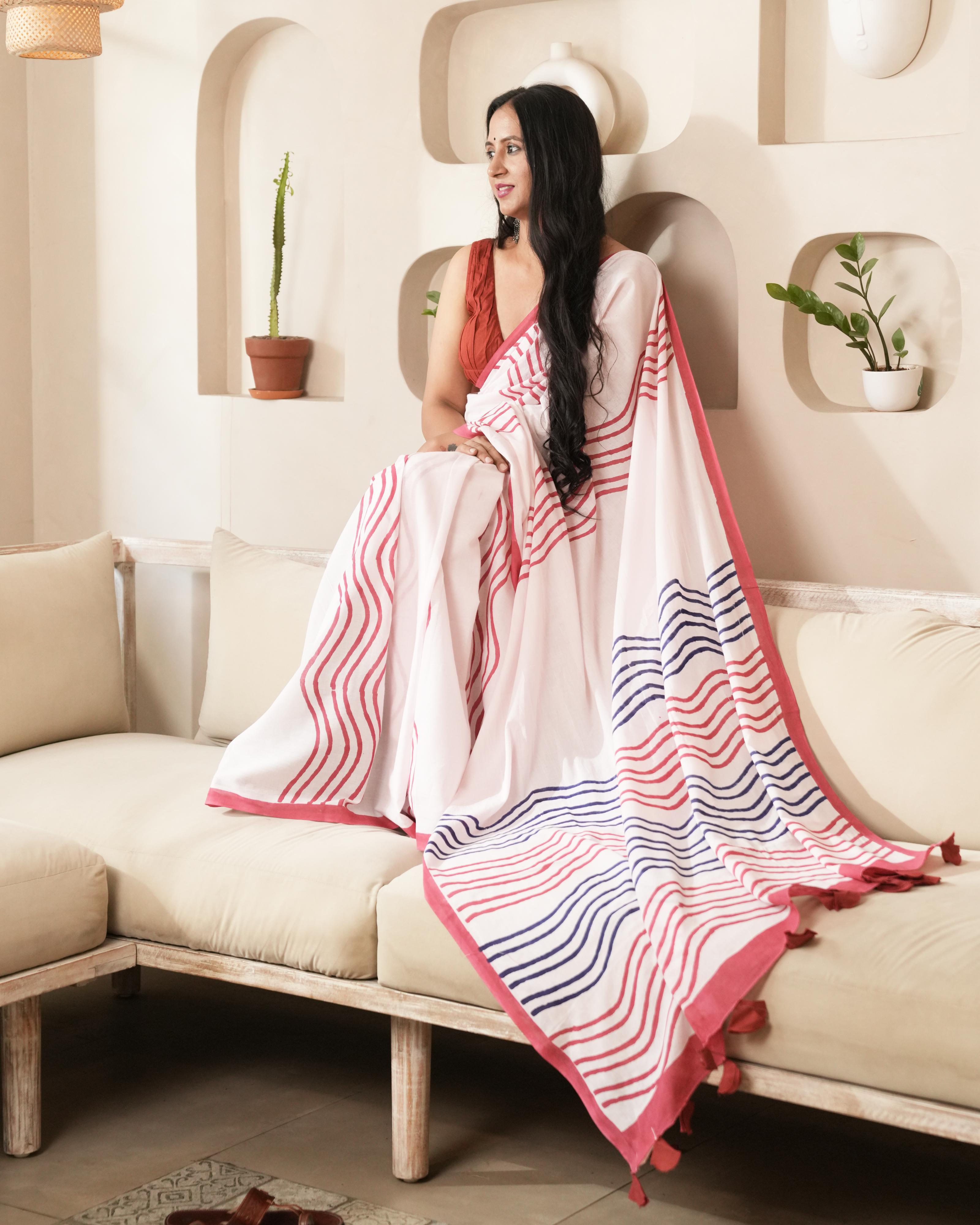 Baby Pink Waves Hand Block Printed Mul Saree with Tassels