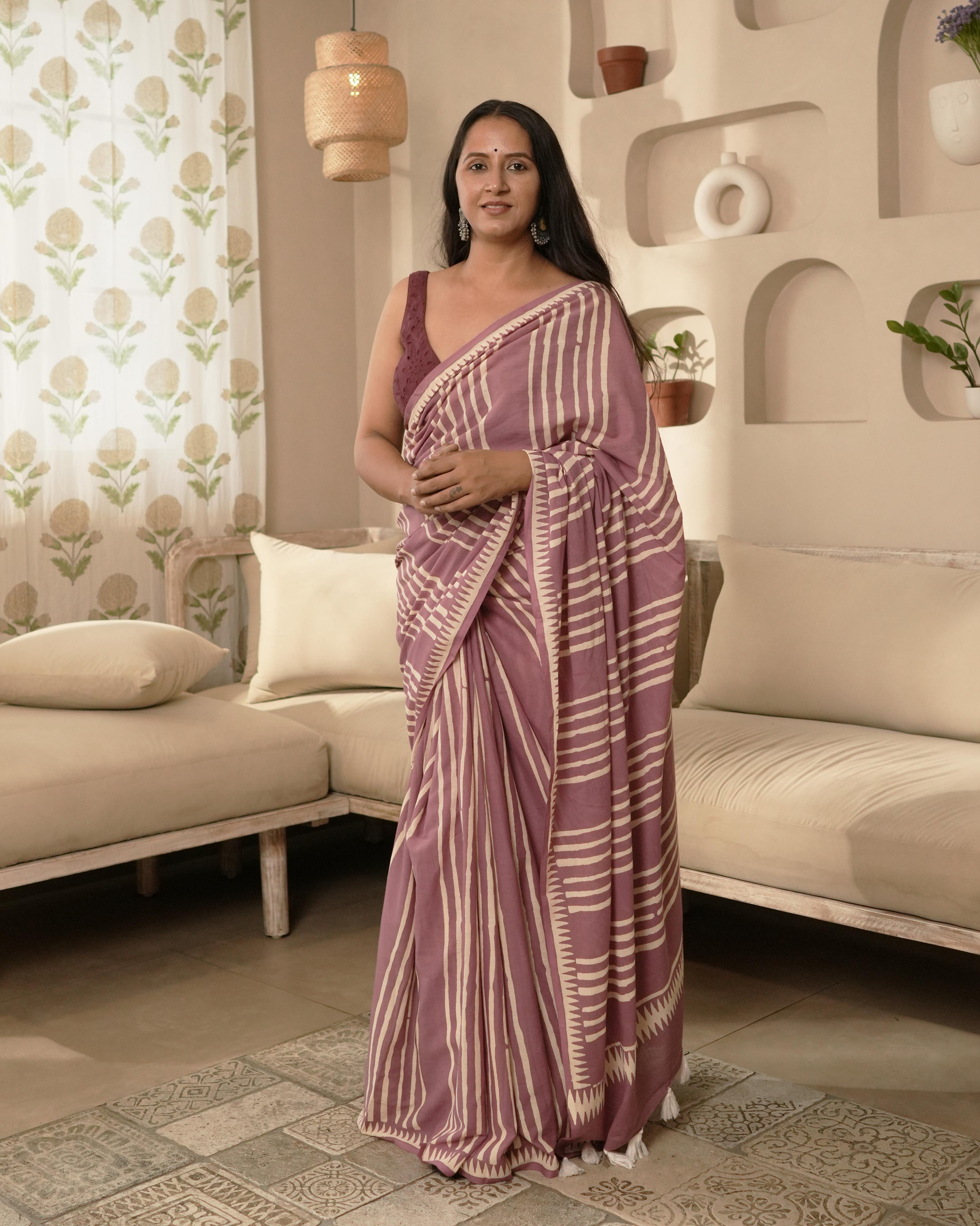Mauve Hand Block Printed Mul Saree with Tassels