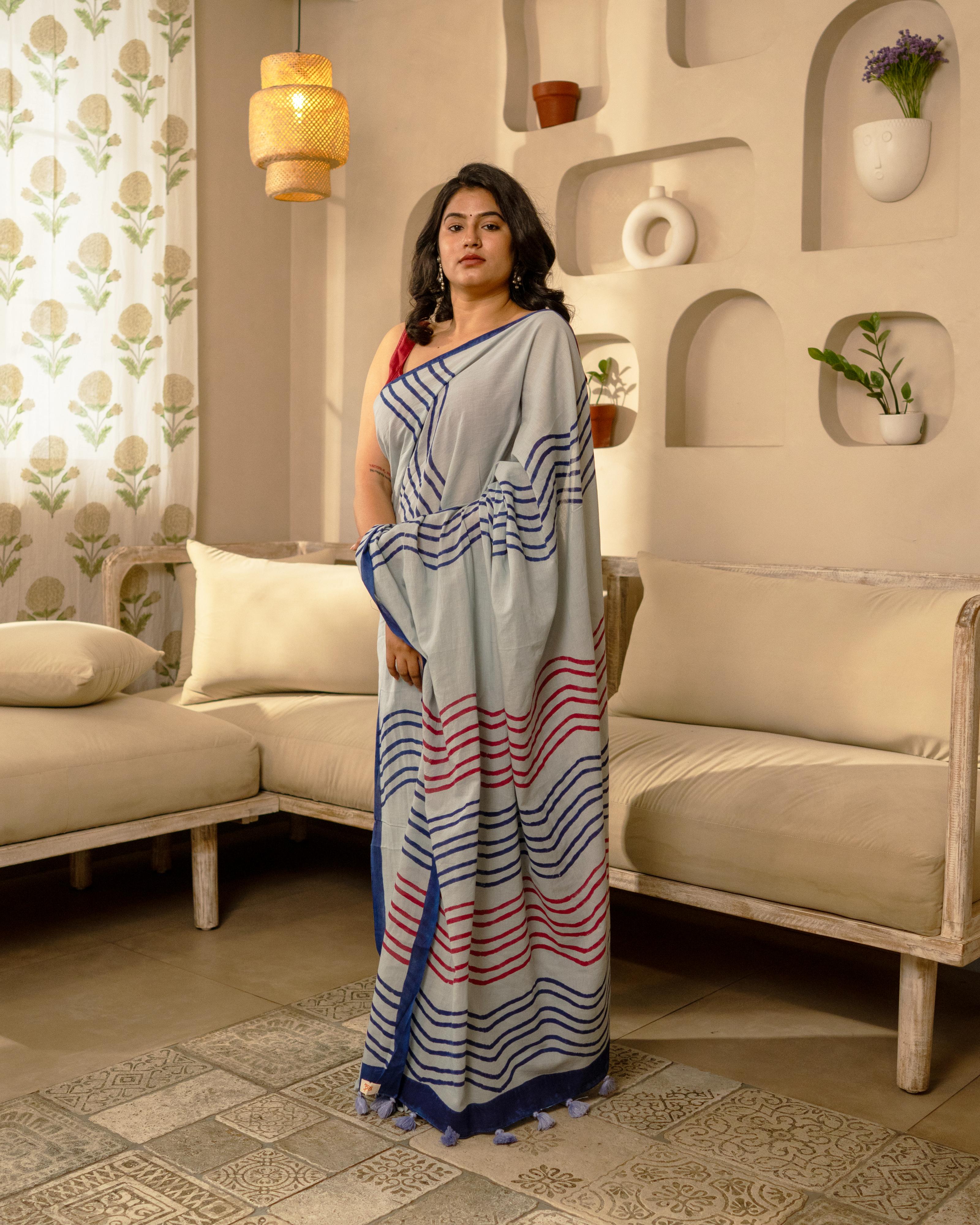 Ocean wave Hand Block Printed Mul Saree with Tassels