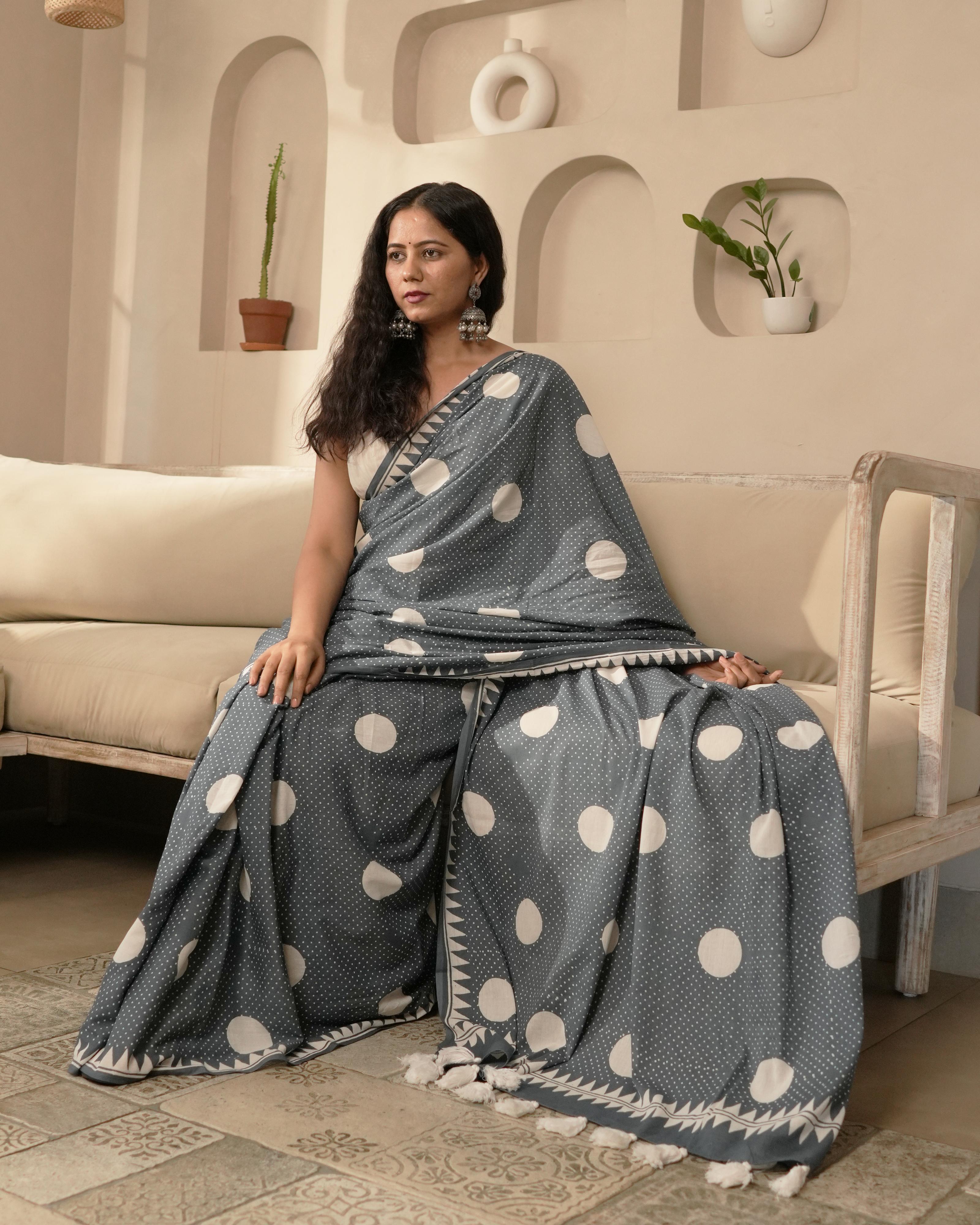 Grey & White Polka Dot Printed Mul Saree with Tassels