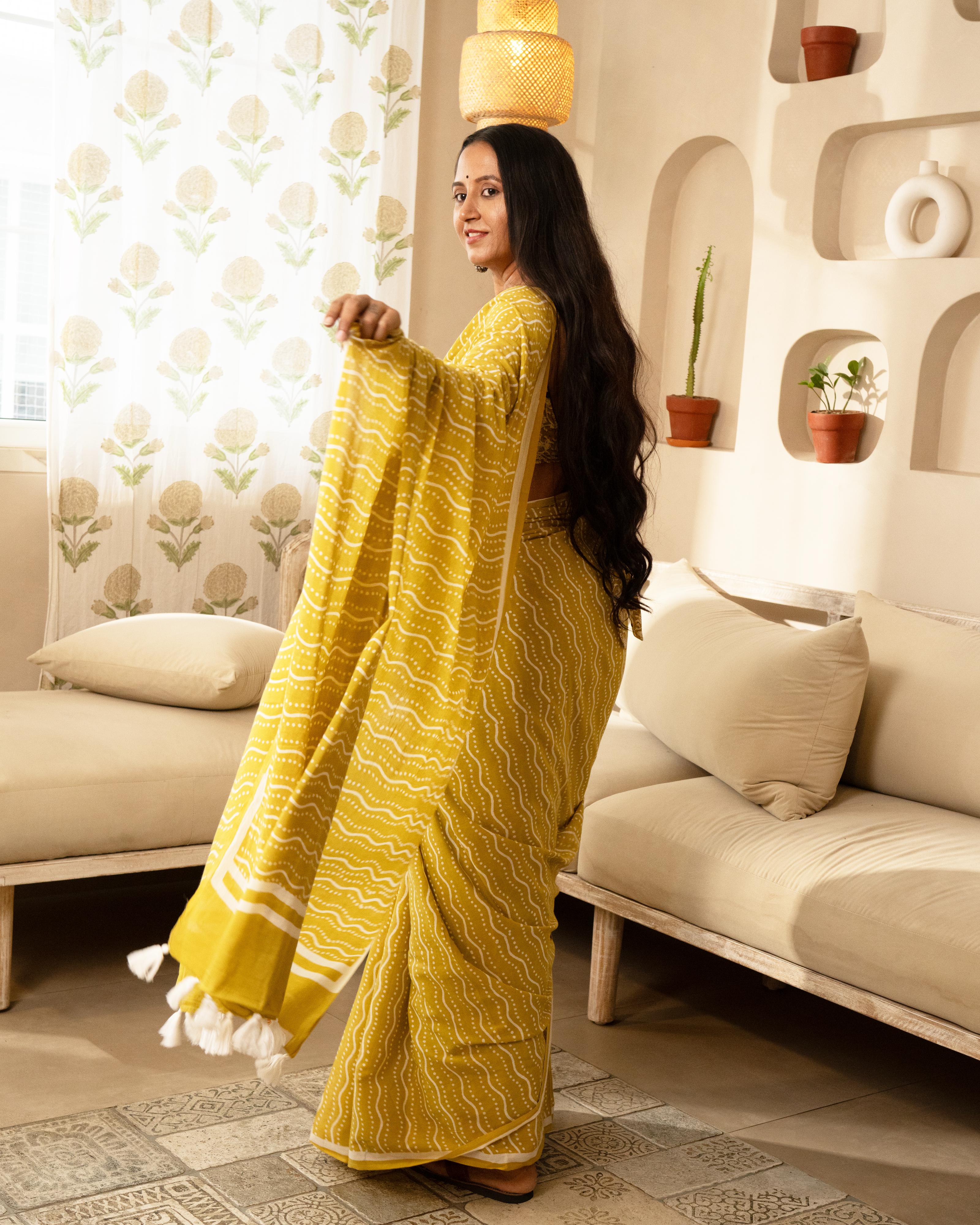 Yellow Waves Hand Block Printed Mul Saree with Tassels