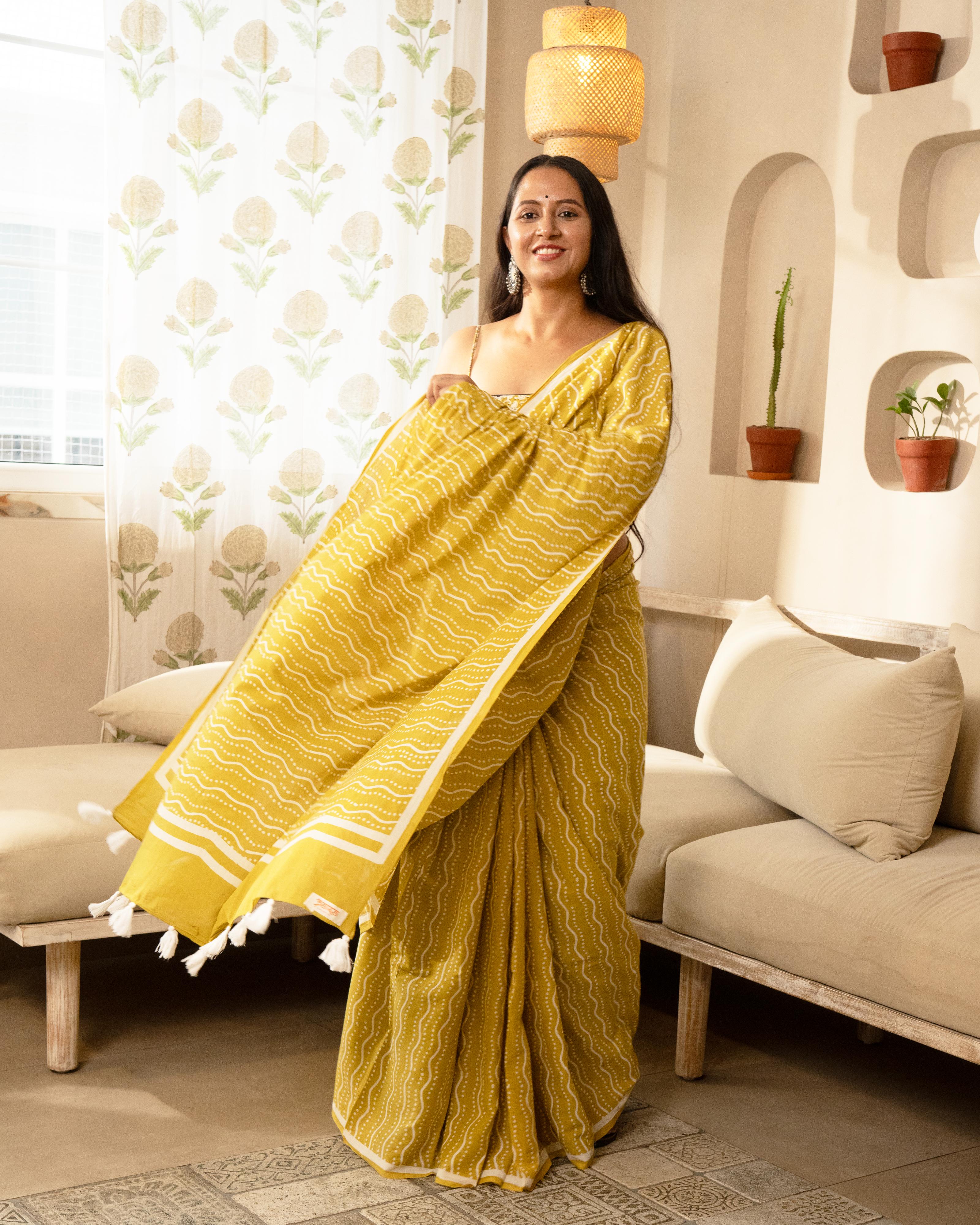 Yellow Waves Hand Block Printed Mul Saree with Tassels