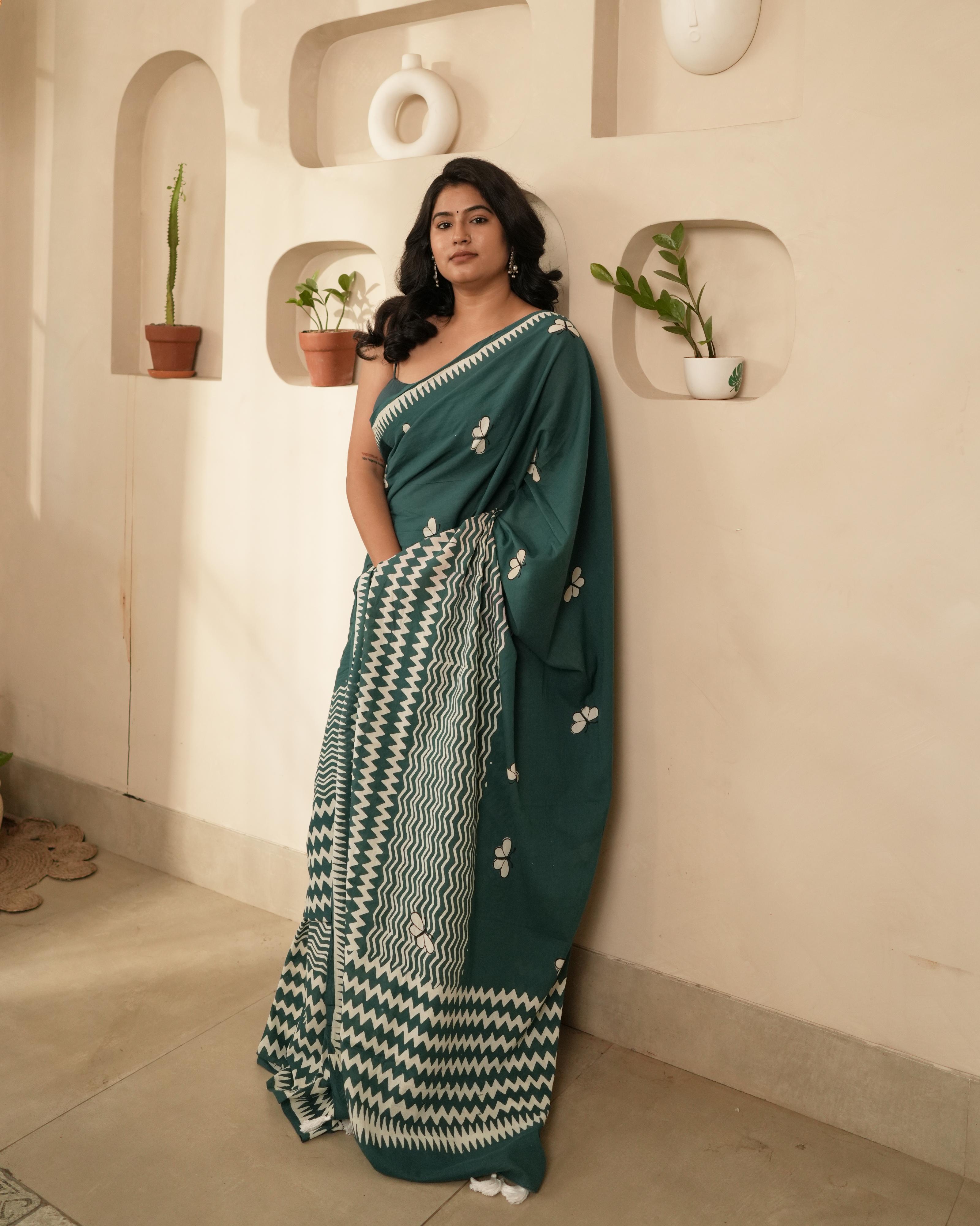 Emerald Green Hand Block Printed Mul Saree with Tassels