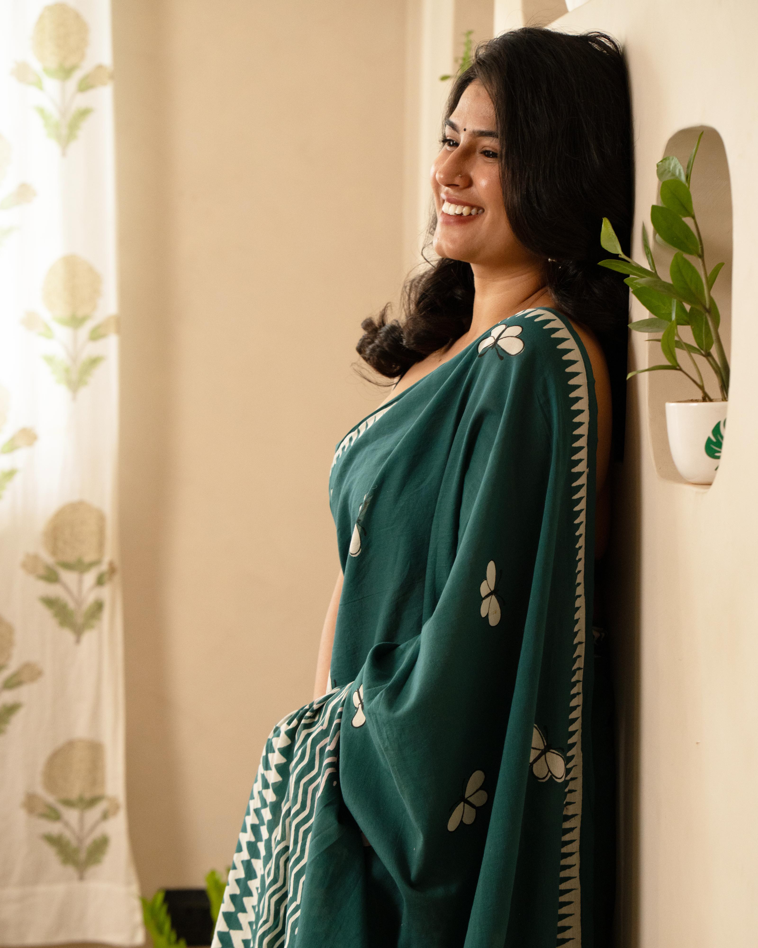 Emerald Green Hand Block Printed Mul Saree with Tassels