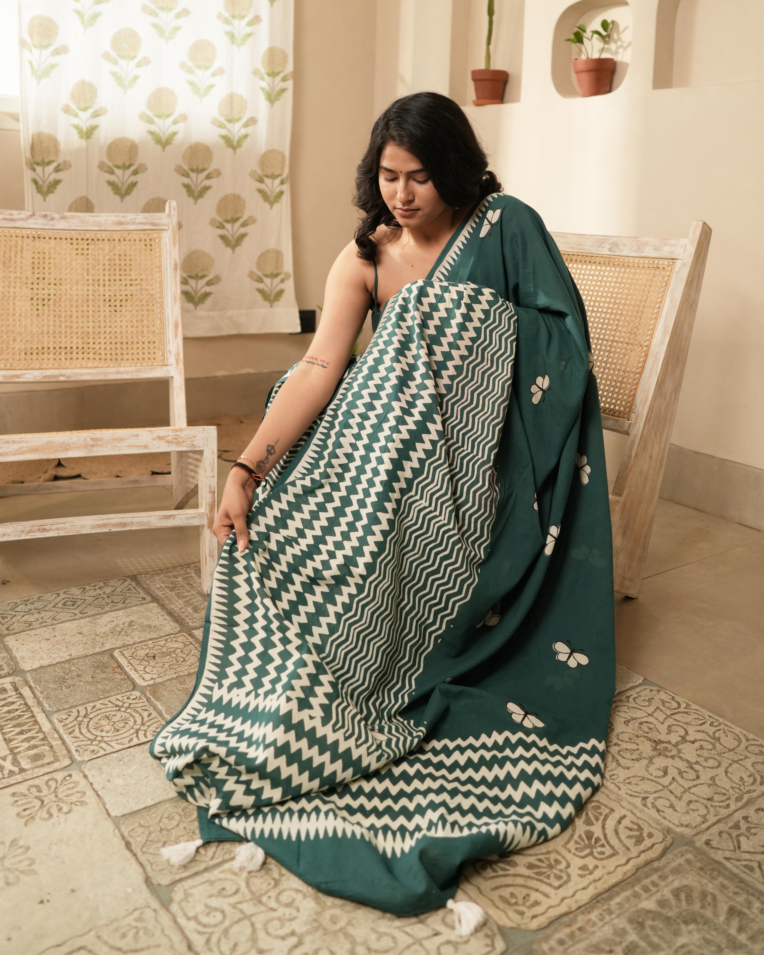 Emerald Green Hand Block Printed Mul Saree with Tassels