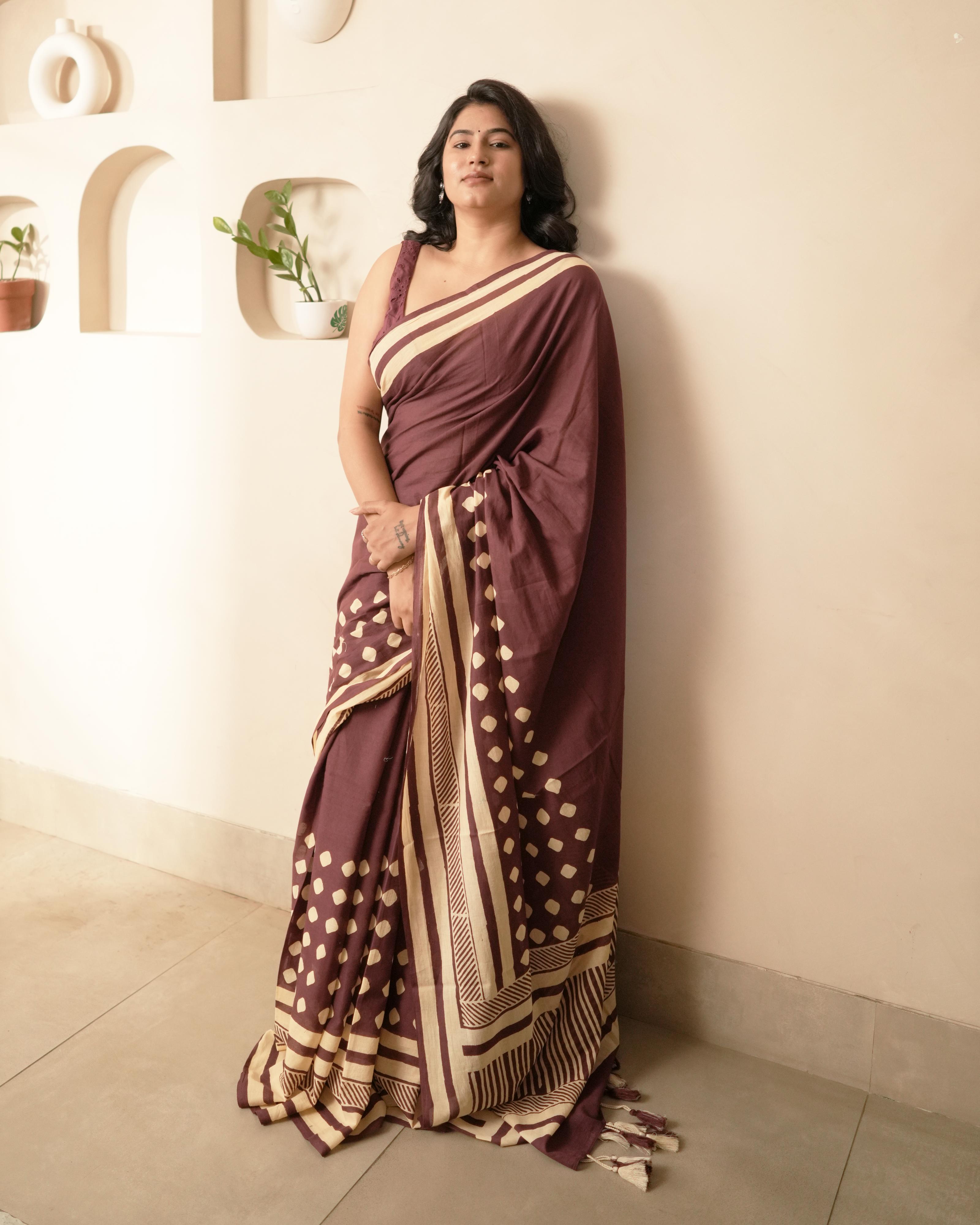 Maroon Hand Block Printed Mul Saree with Tassels
