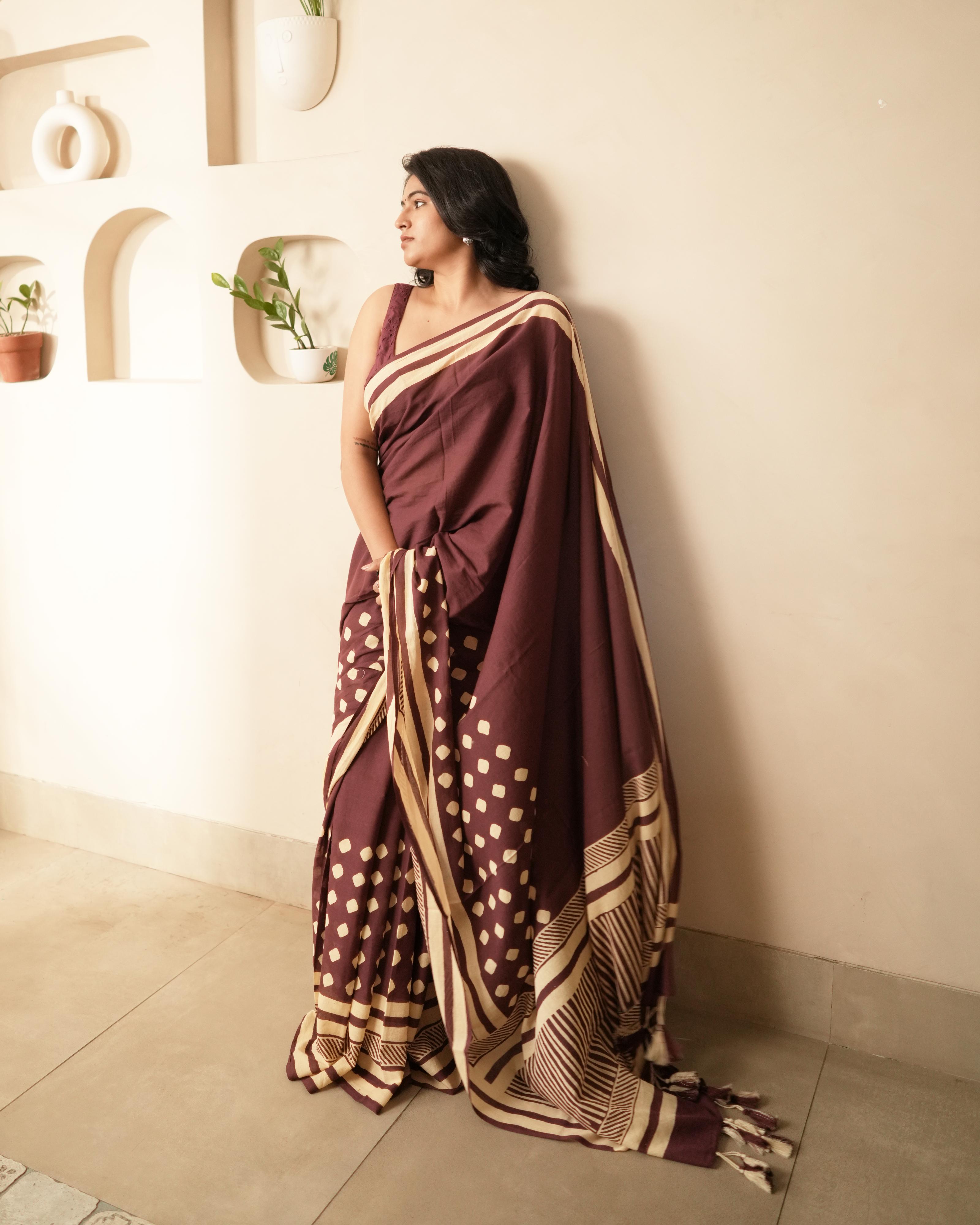 Maroon Hand Block Printed Mul Saree with Tassels