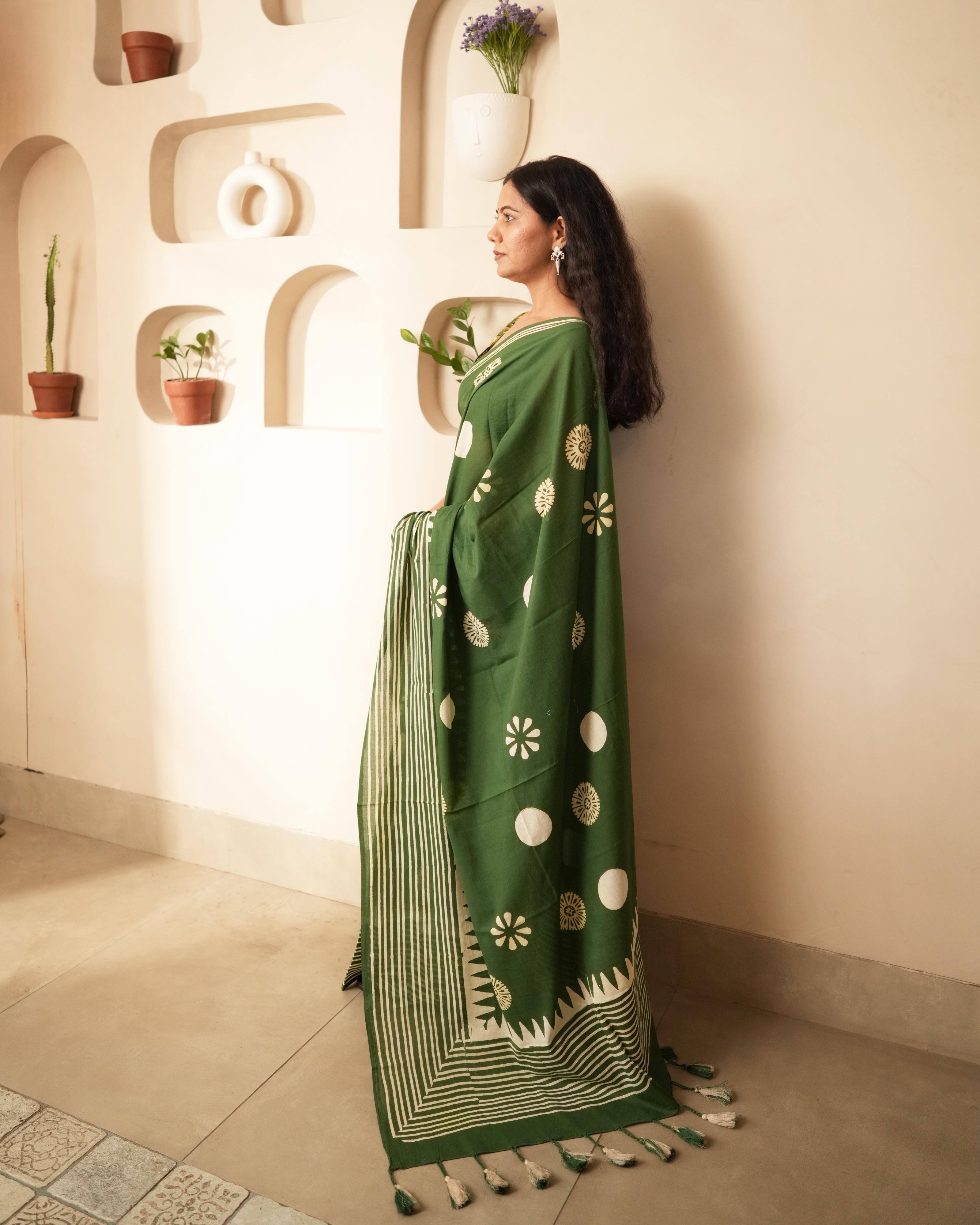 Green Hand Block Printed Mul Saree with Tassels
