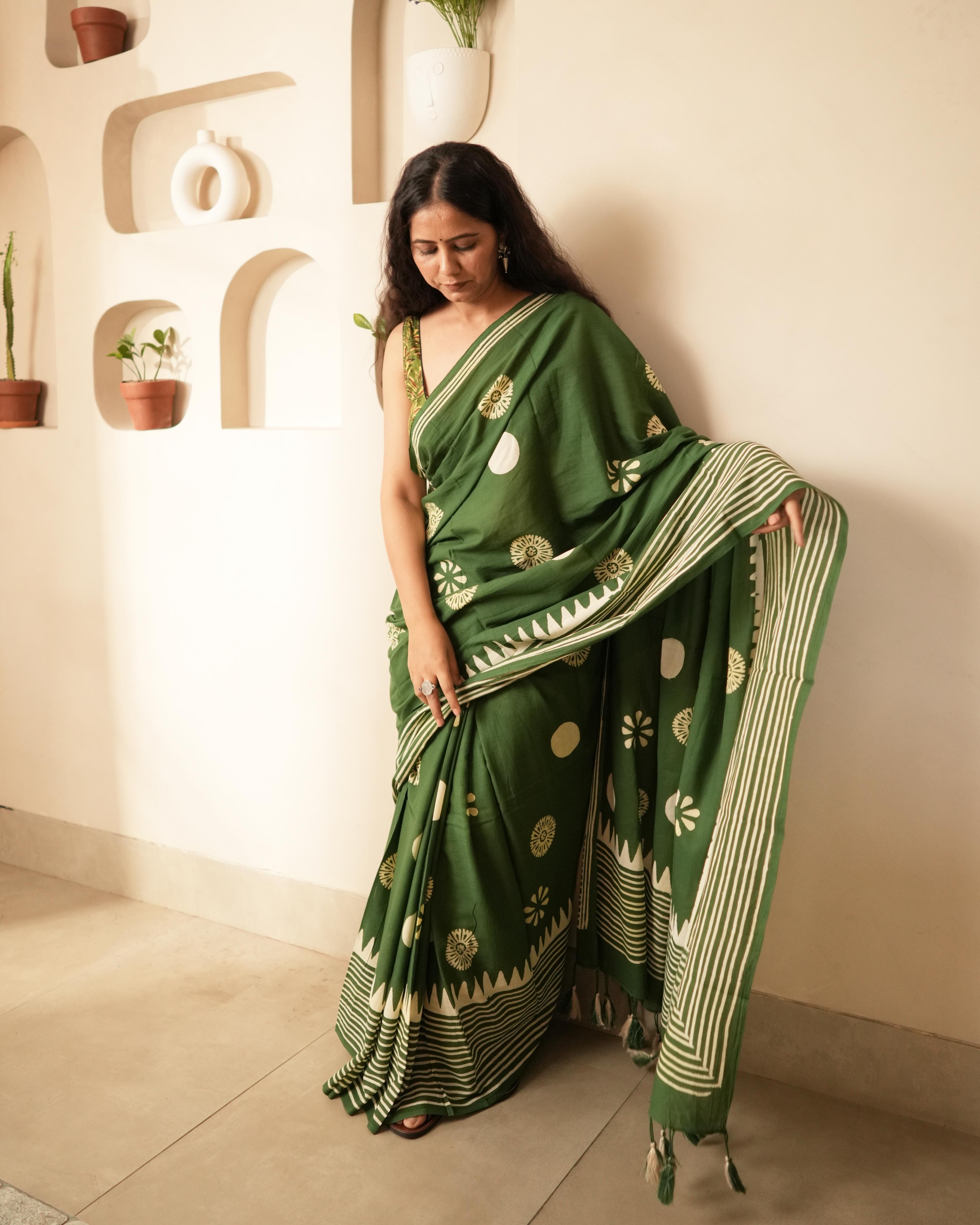 Green Hand Block Printed Mul Saree with Tassels
