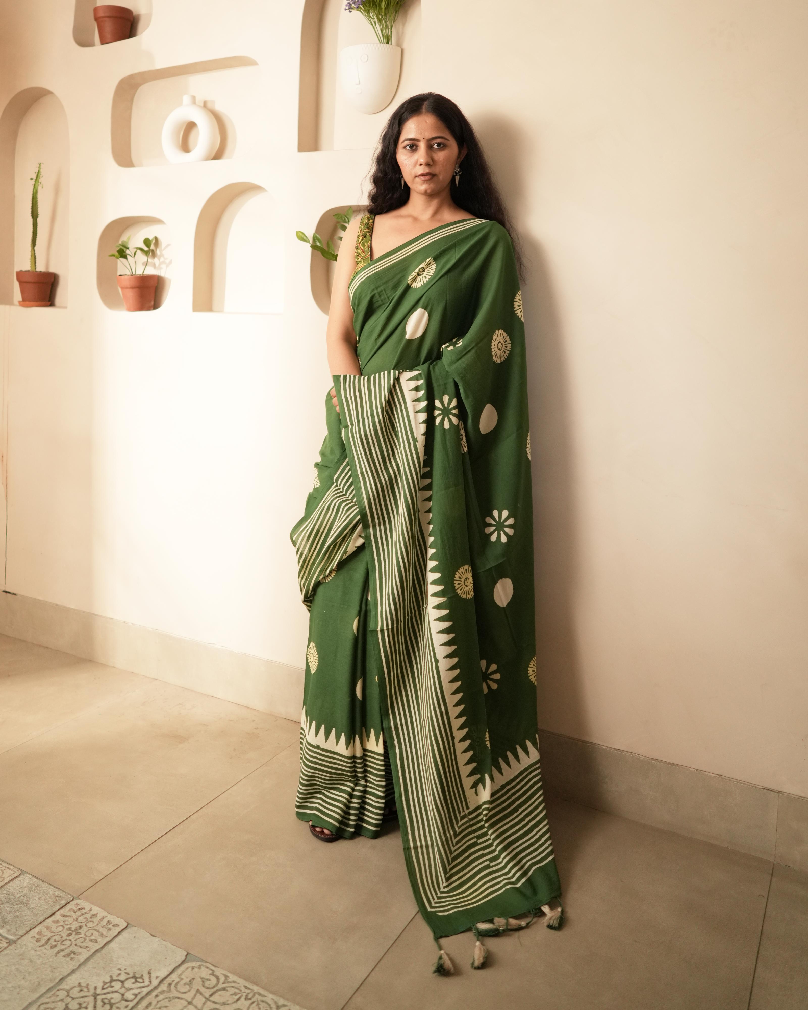Green Hand Block Printed Mul Saree with Tassels
