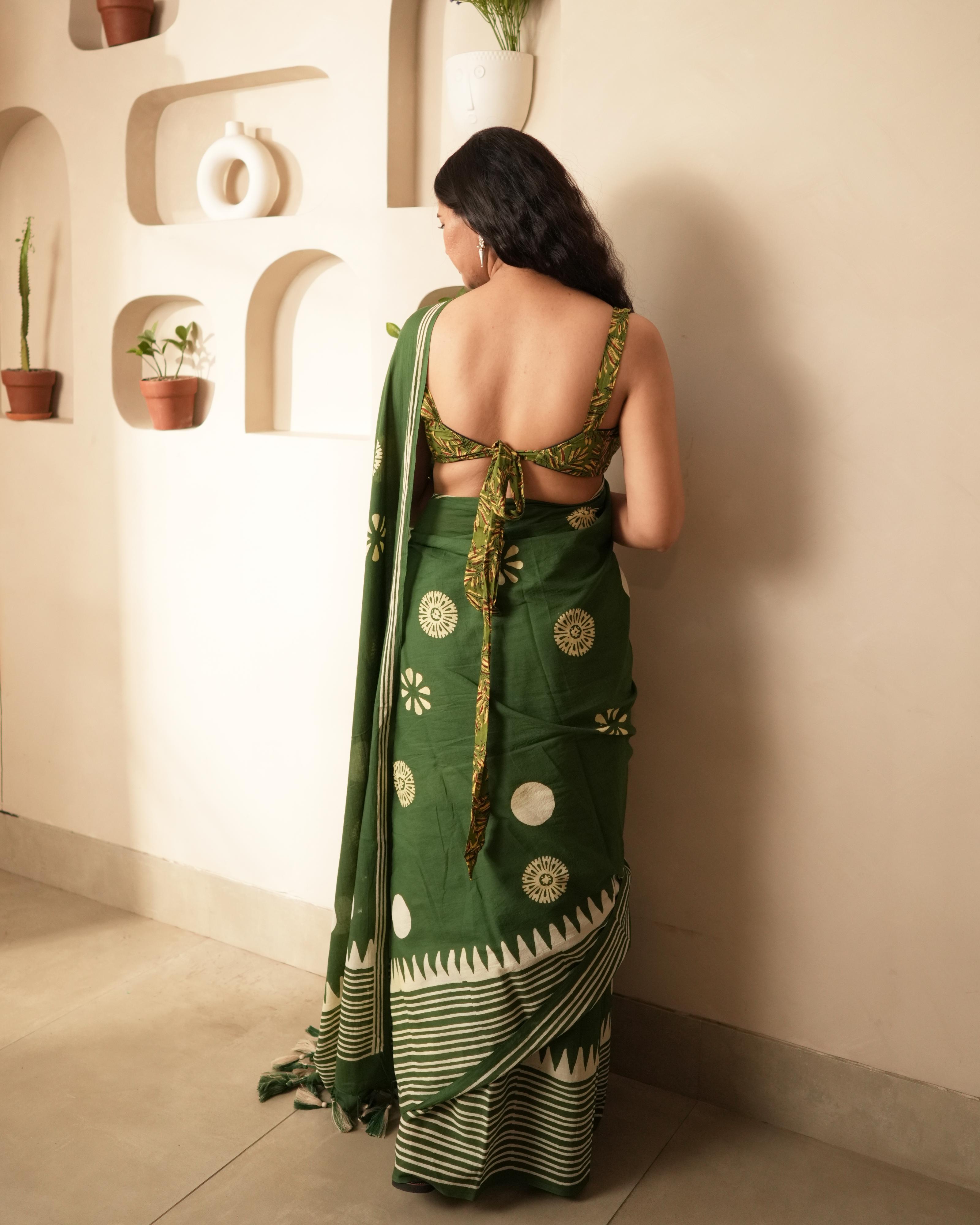 Green Hand Block Printed Mul Saree with Tassels