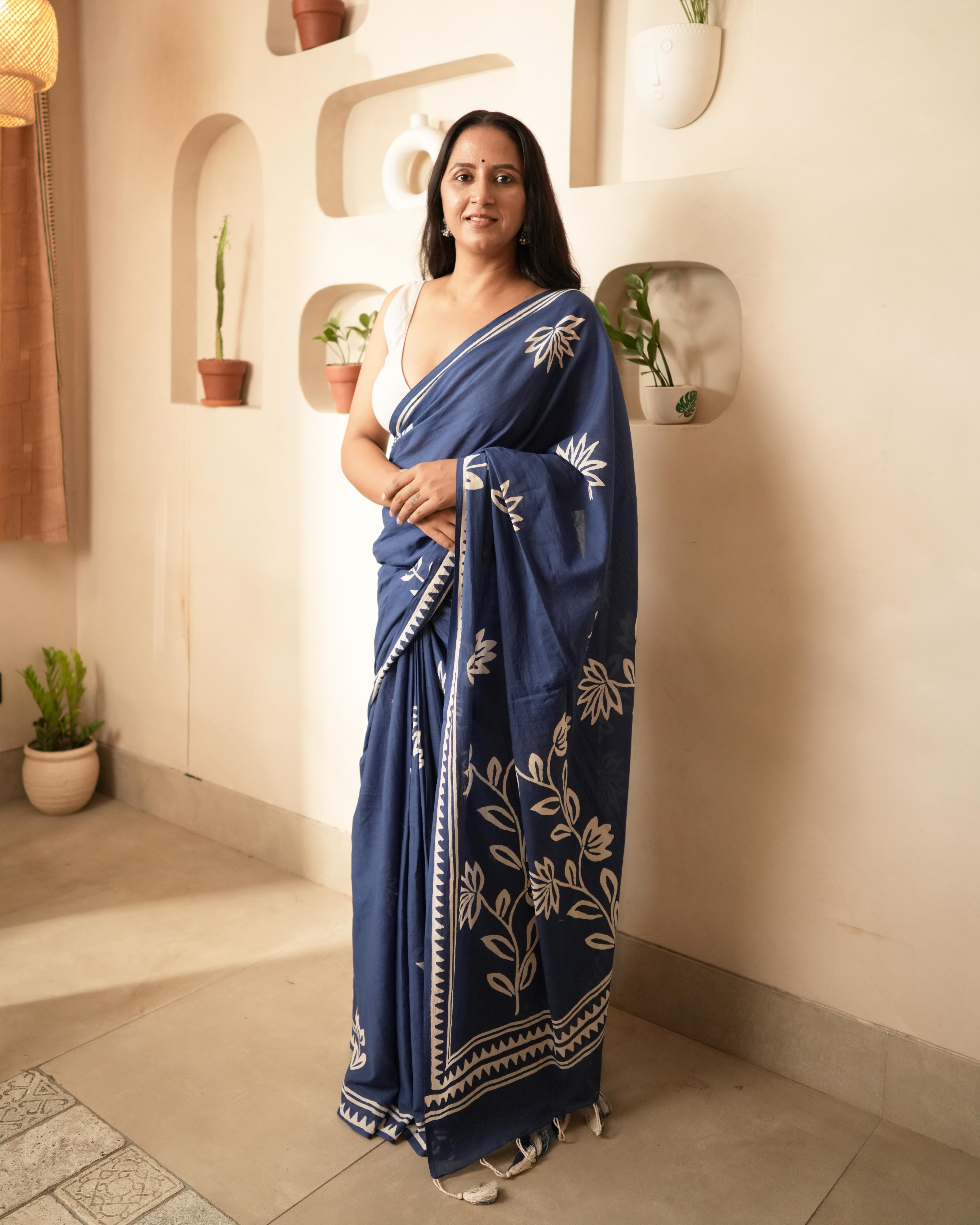 Royal Blue Hand Block Printed Mul Saree with Tassels