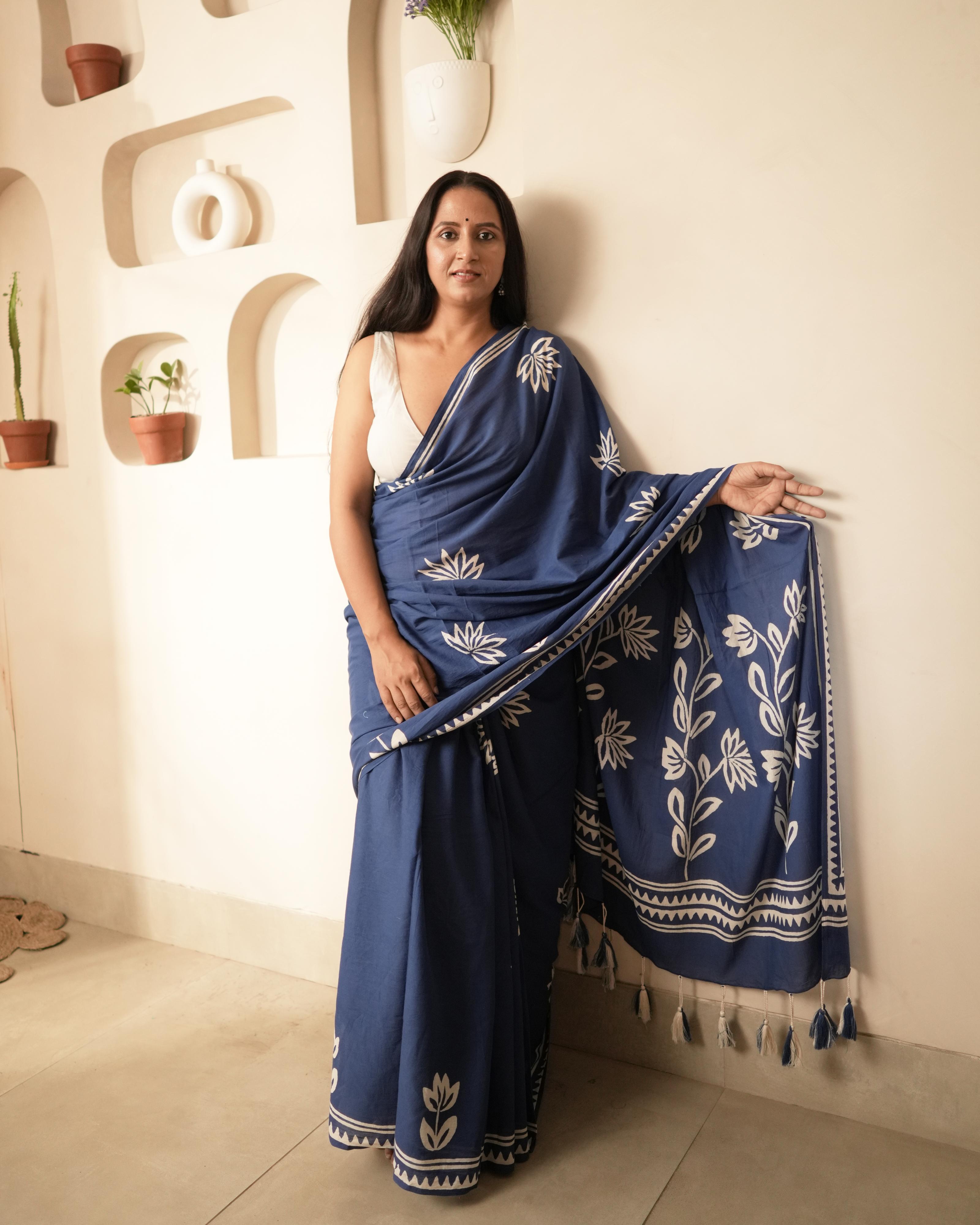 Royal Blue Hand Block Printed Mul Saree with Tassels