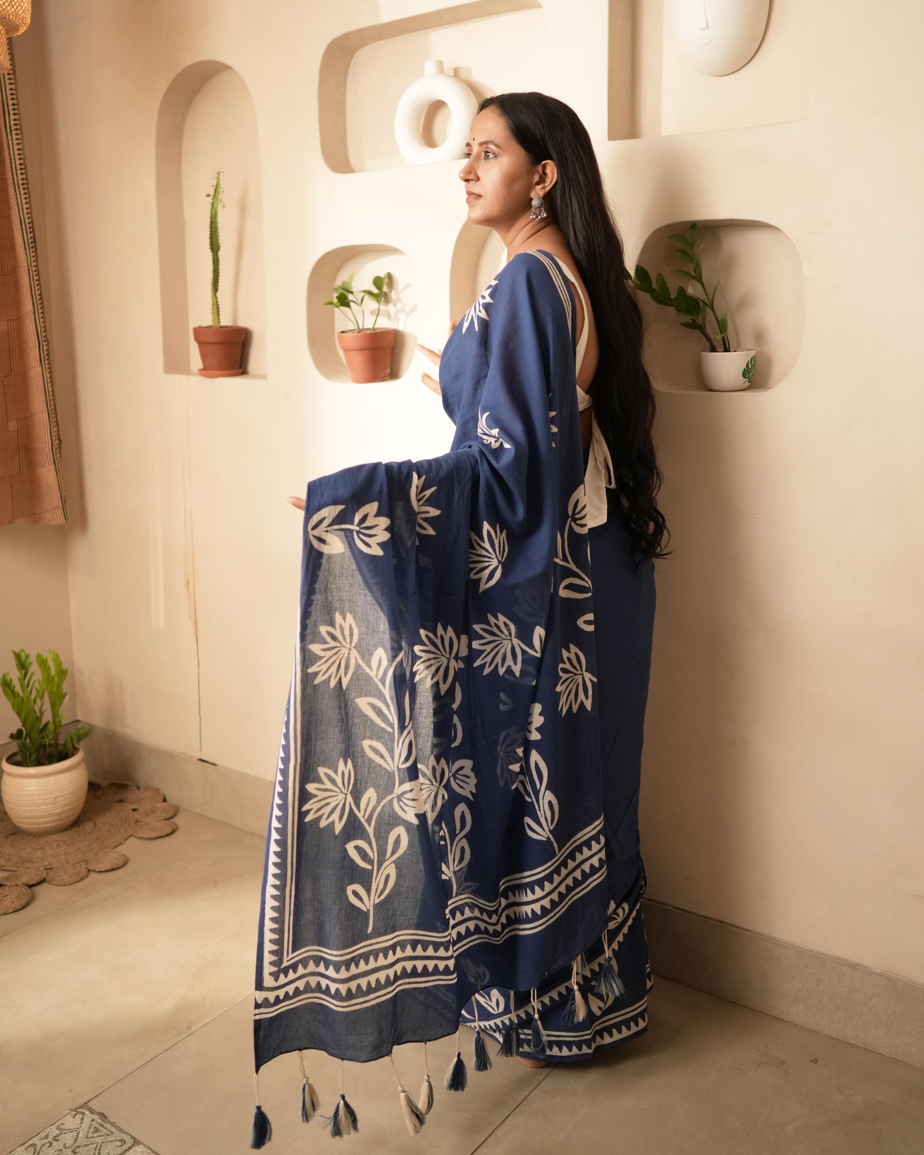 Royal Blue Hand Block Printed Mul Saree with Tassels