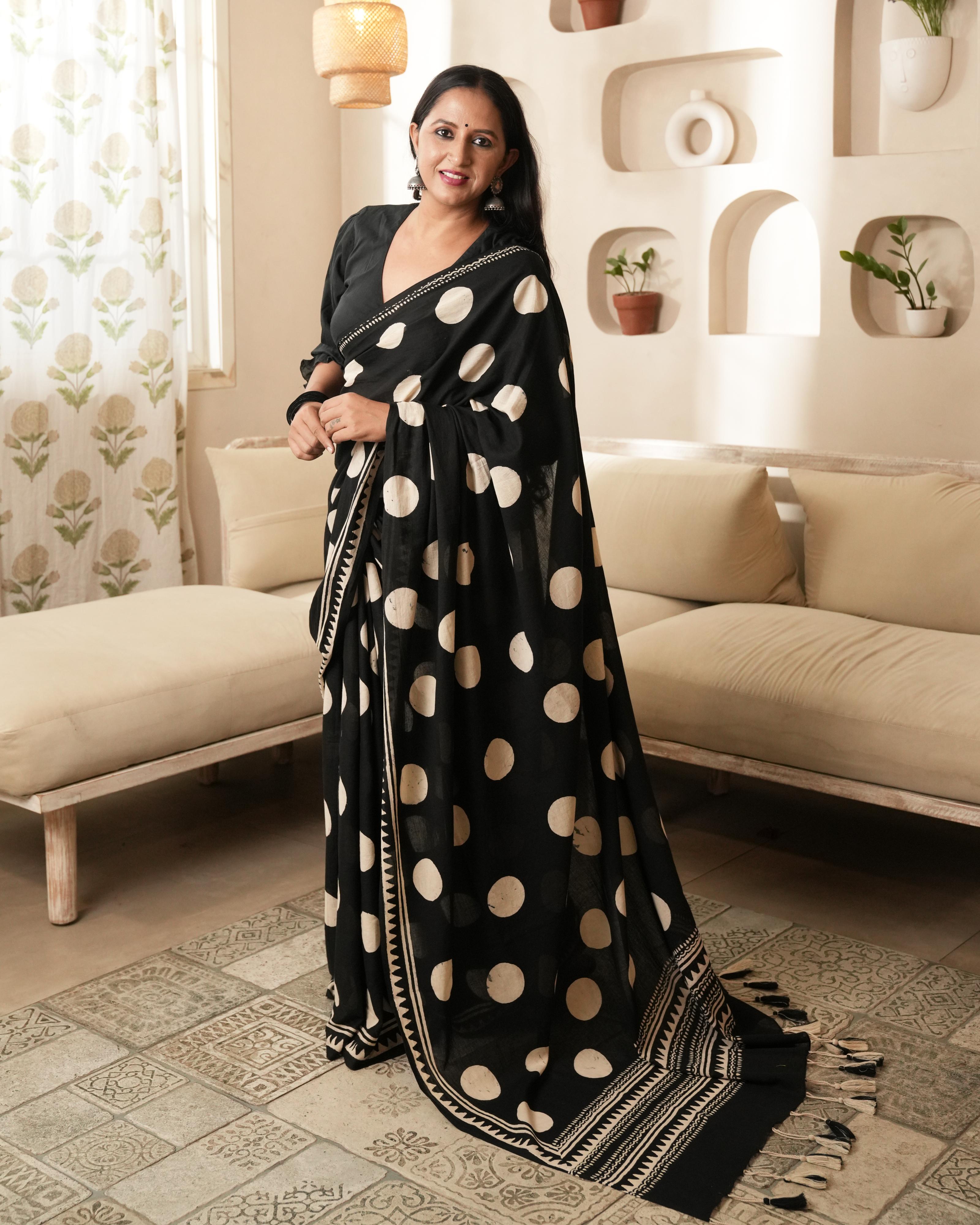 Black Polka Dot Mul Saree with Tassels
