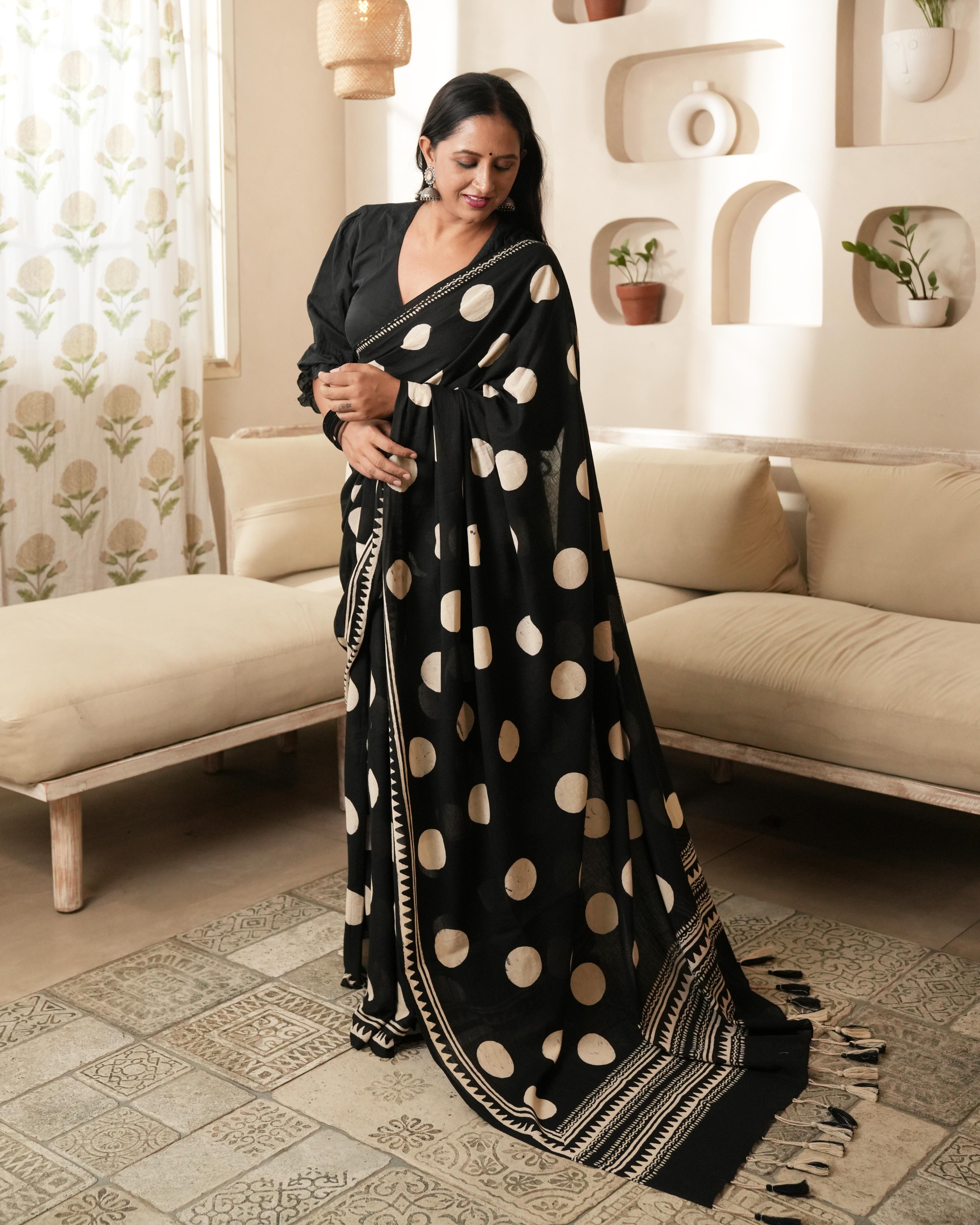 Black Polka Dot Mul Saree with Tassels