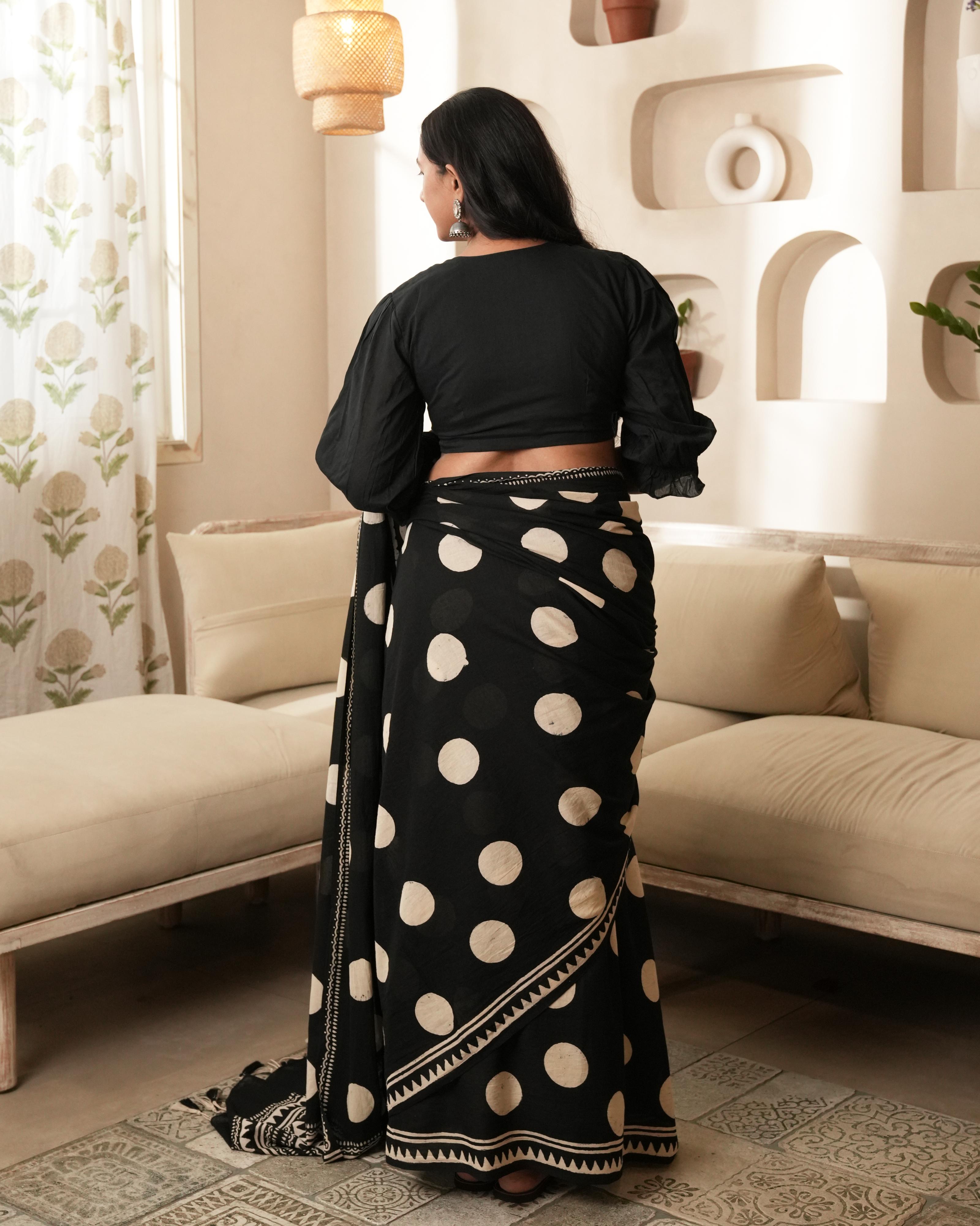 Black Polka Dot Mul Saree with Tassels