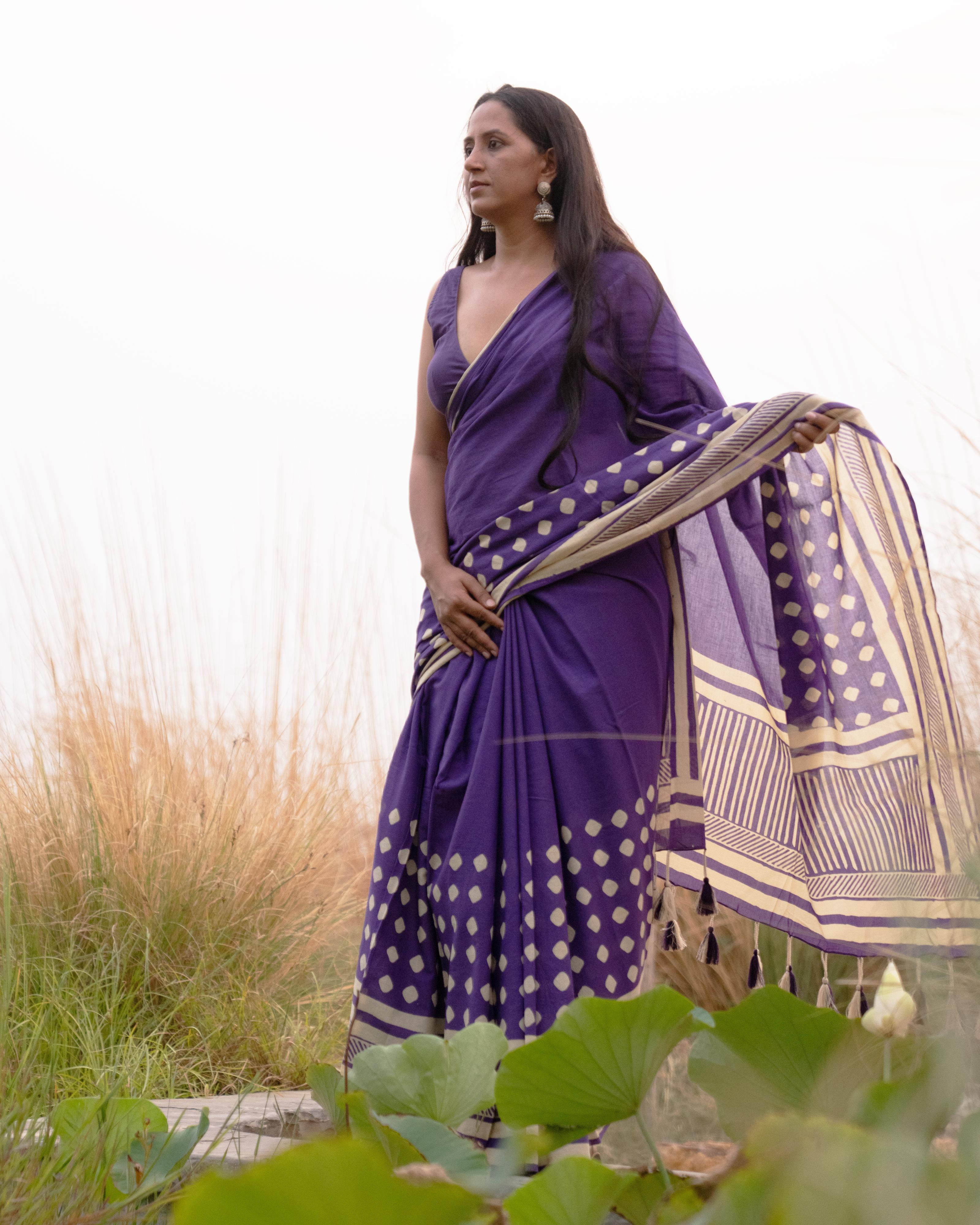 Violet Dot Hand Block Printed Mul Saree with Tassels