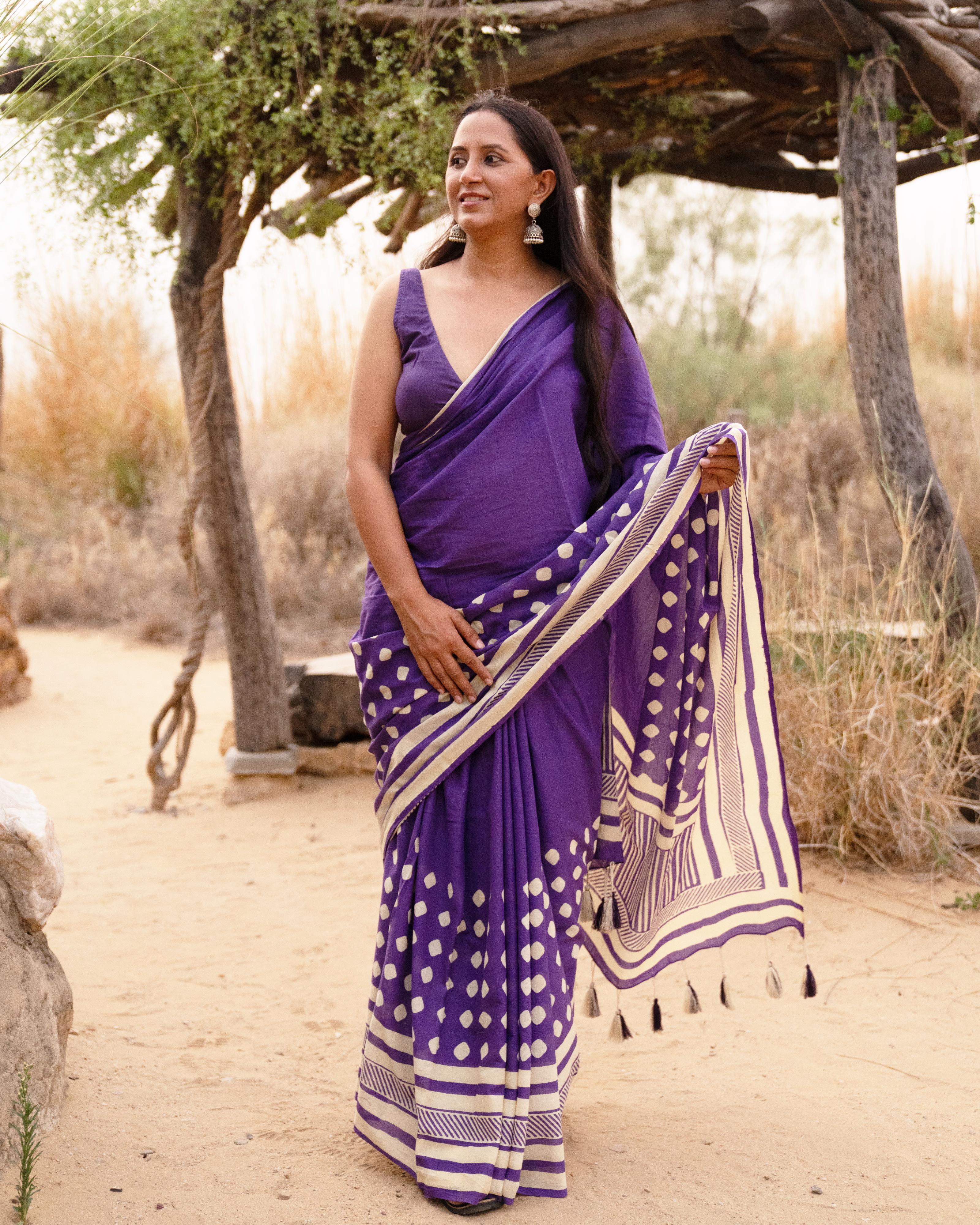 Violet Dot Hand Block Printed Mul Saree with Tassels