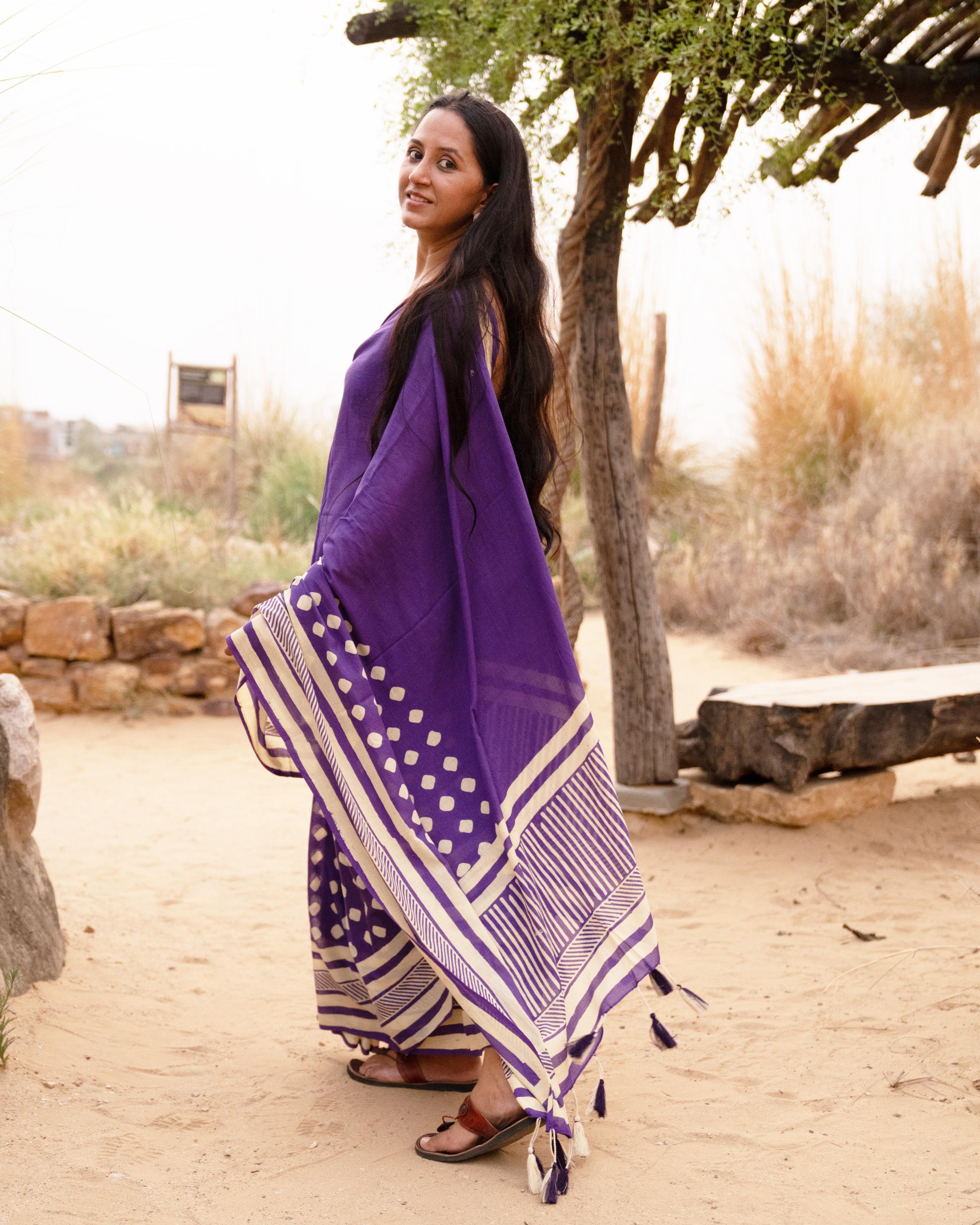 Violet Dot Hand Block Printed Mul Saree with Tassels